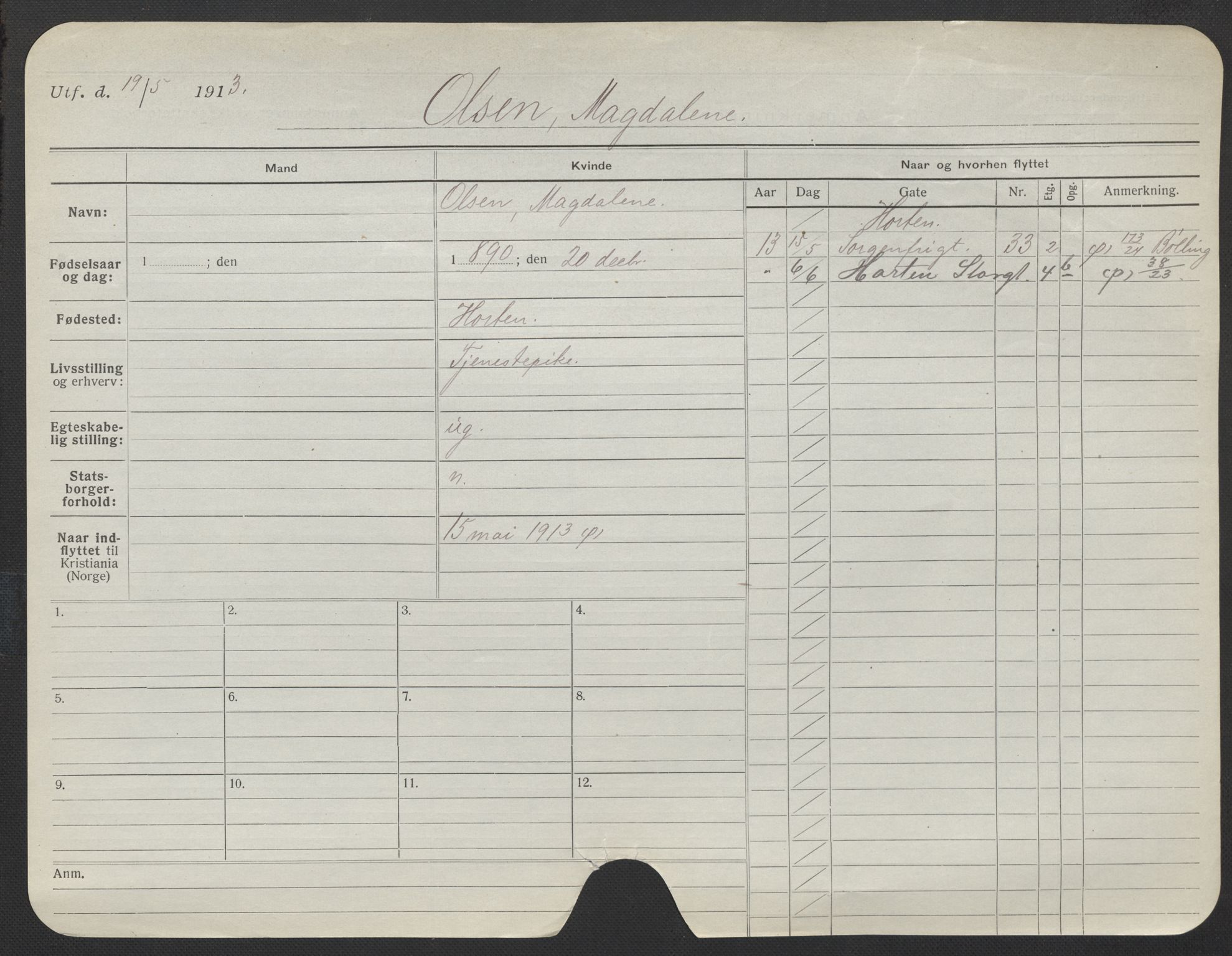 Oslo folkeregister, Registerkort, AV/SAO-A-11715/F/Fa/Fac/L0022: Kvinner, 1906-1914, p. 99a