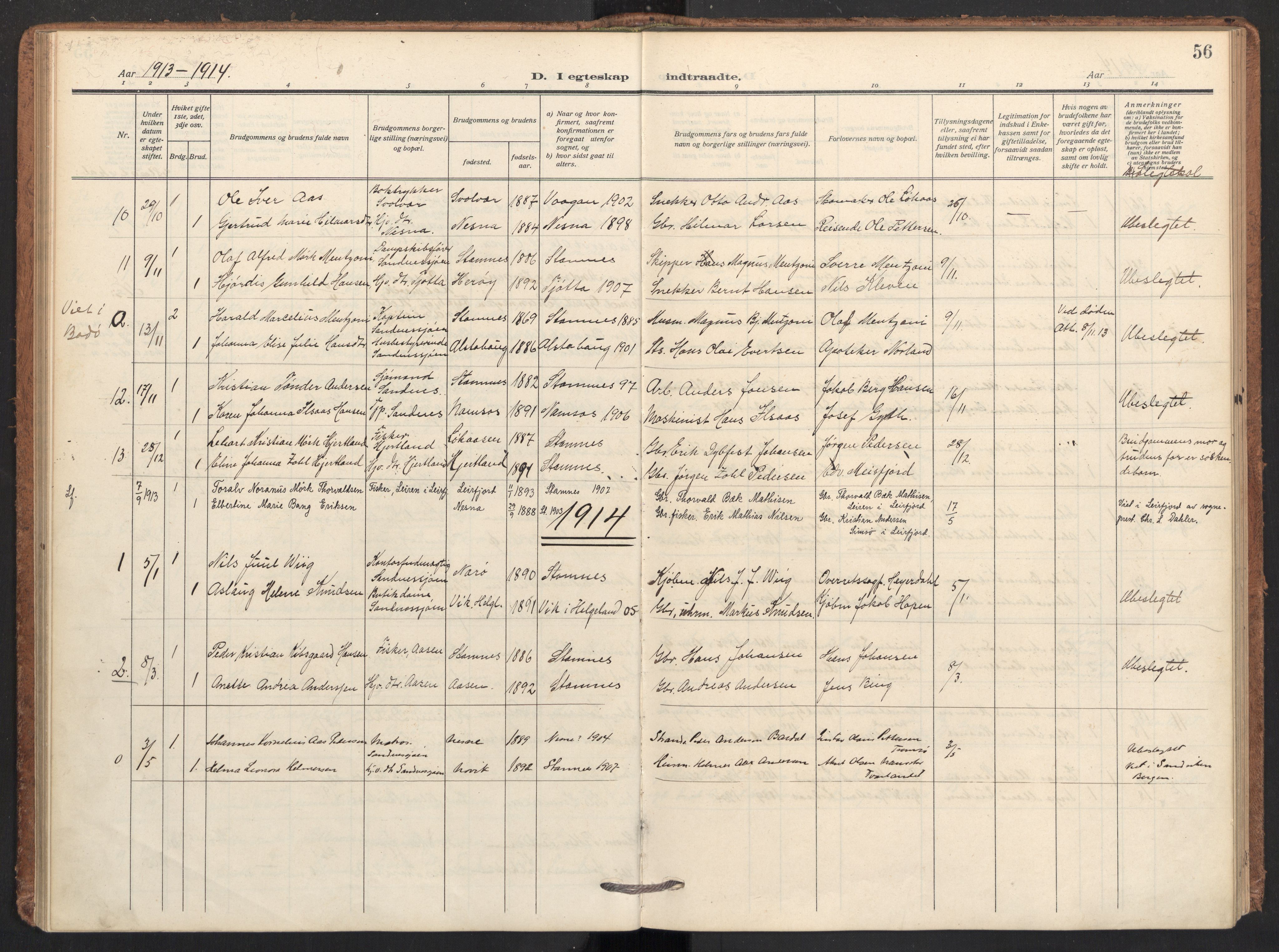 Ministerialprotokoller, klokkerbøker og fødselsregistre - Nordland, AV/SAT-A-1459/831/L0473: Parish register (official) no. 831A04, 1909-1934, p. 56