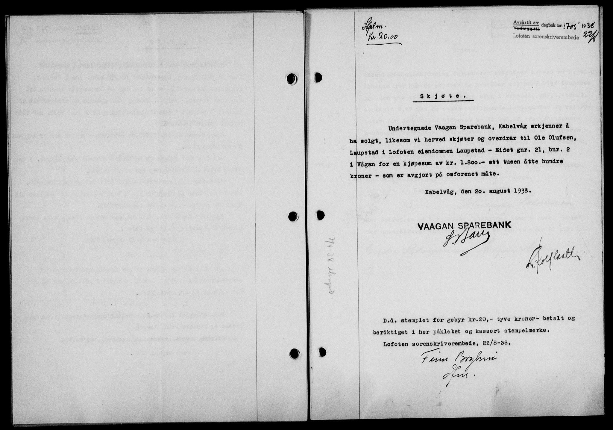 Lofoten sorenskriveri, SAT/A-0017/1/2/2C/L0004a: Mortgage book no. 4a, 1938-1938, Diary no: : 1705/1938