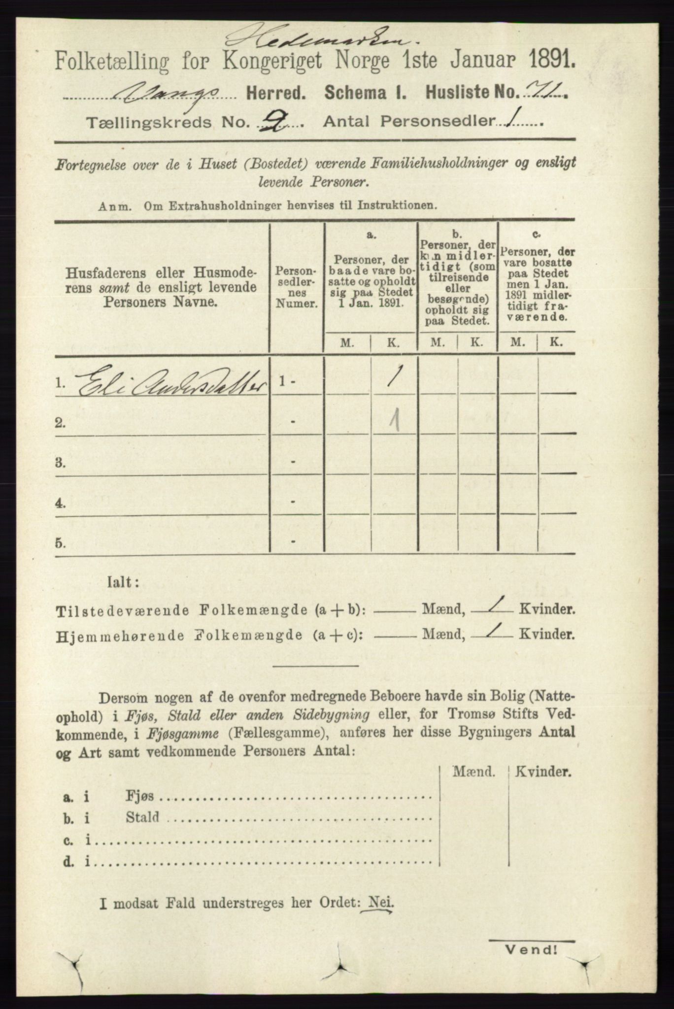 RA, 1891 census for 0414 Vang, 1891, p. 1002