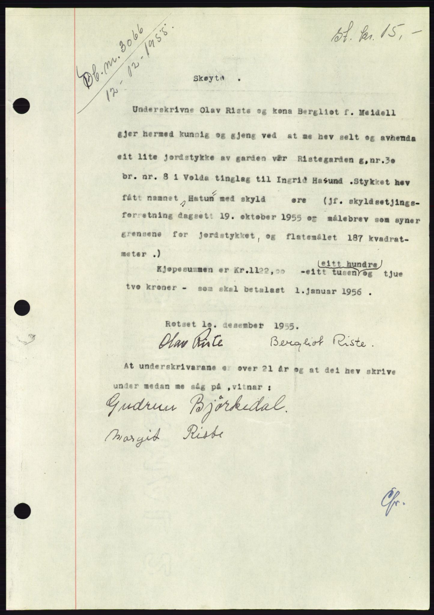 Søre Sunnmøre sorenskriveri, AV/SAT-A-4122/1/2/2C/L0102: Mortgage book no. 28A, 1955-1956, Diary no: : 3066/1955