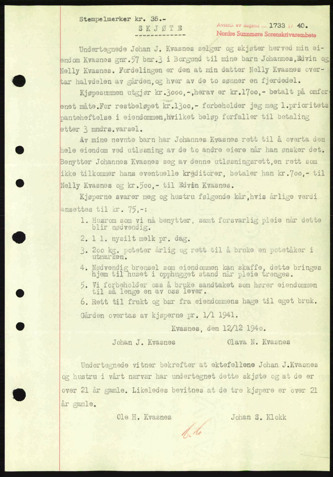 Nordre Sunnmøre sorenskriveri, AV/SAT-A-0006/1/2/2C/2Ca: Mortgage book no. A10, 1940-1941, Diary no: : 1733/1940