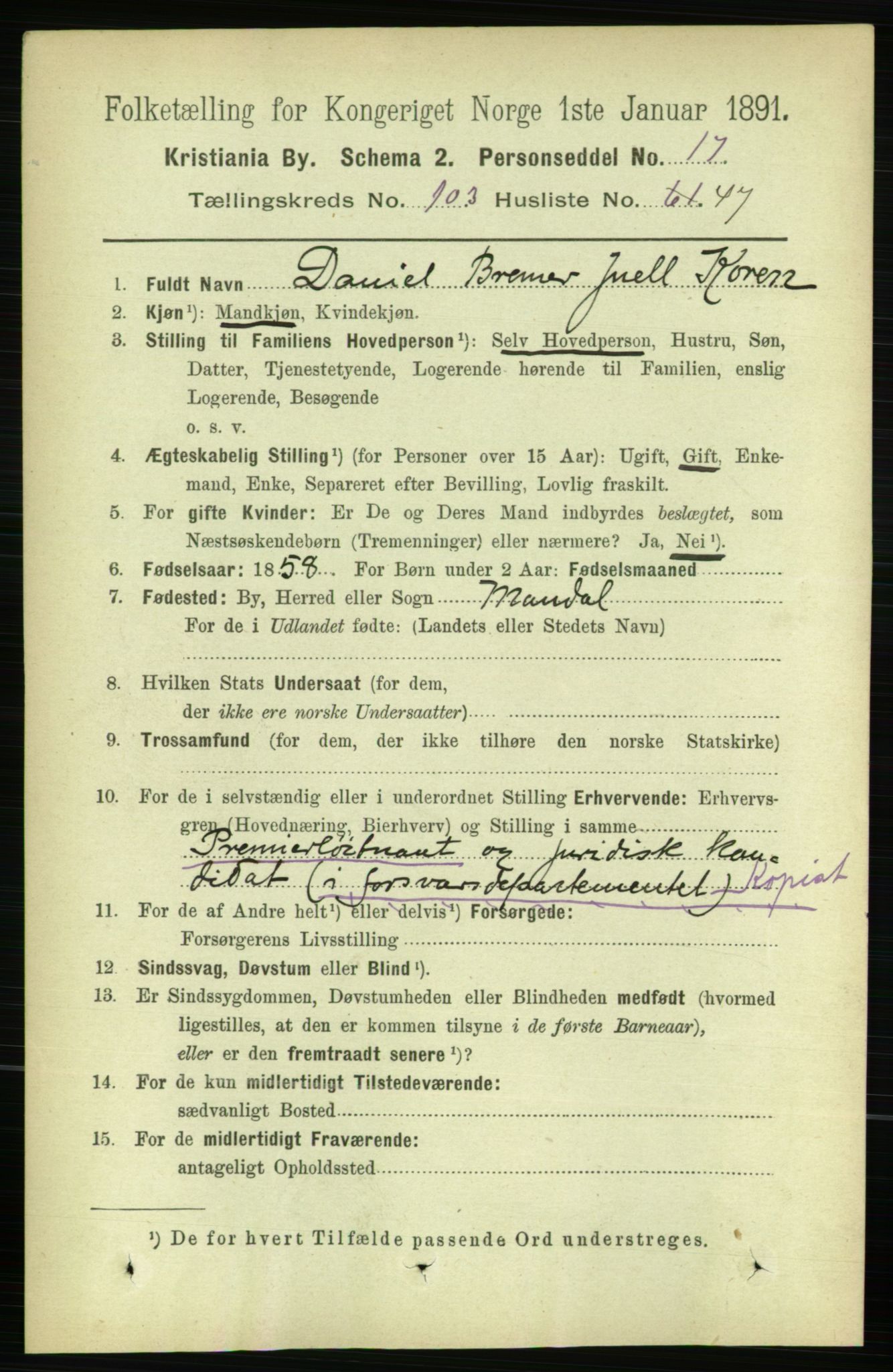 RA, 1891 census for 0301 Kristiania, 1891, p. 52128