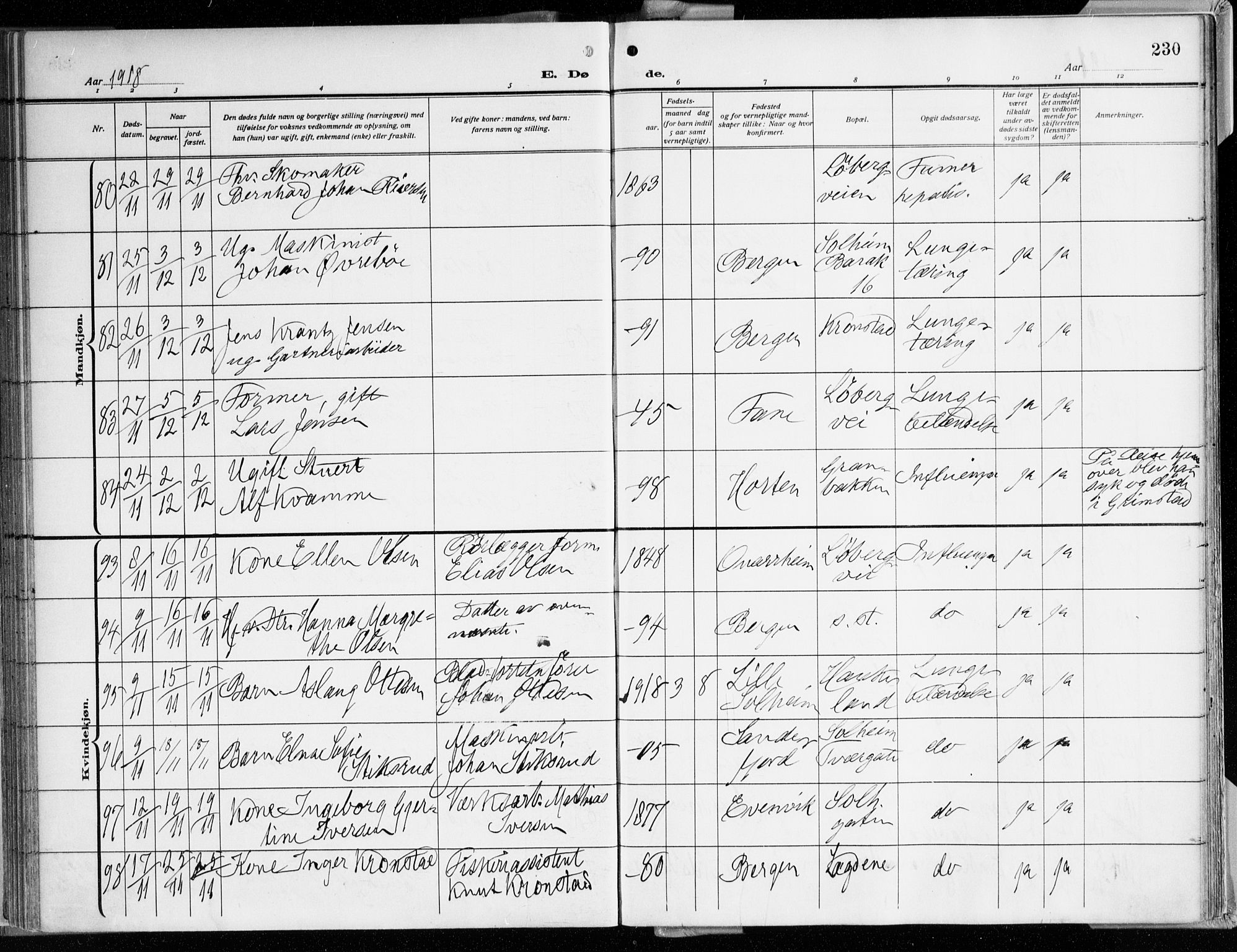 Årstad Sokneprestembete, AV/SAB-A-79301/H/Haa/L0003: Parish register (official) no. A 3, 1914-1919, p. 230