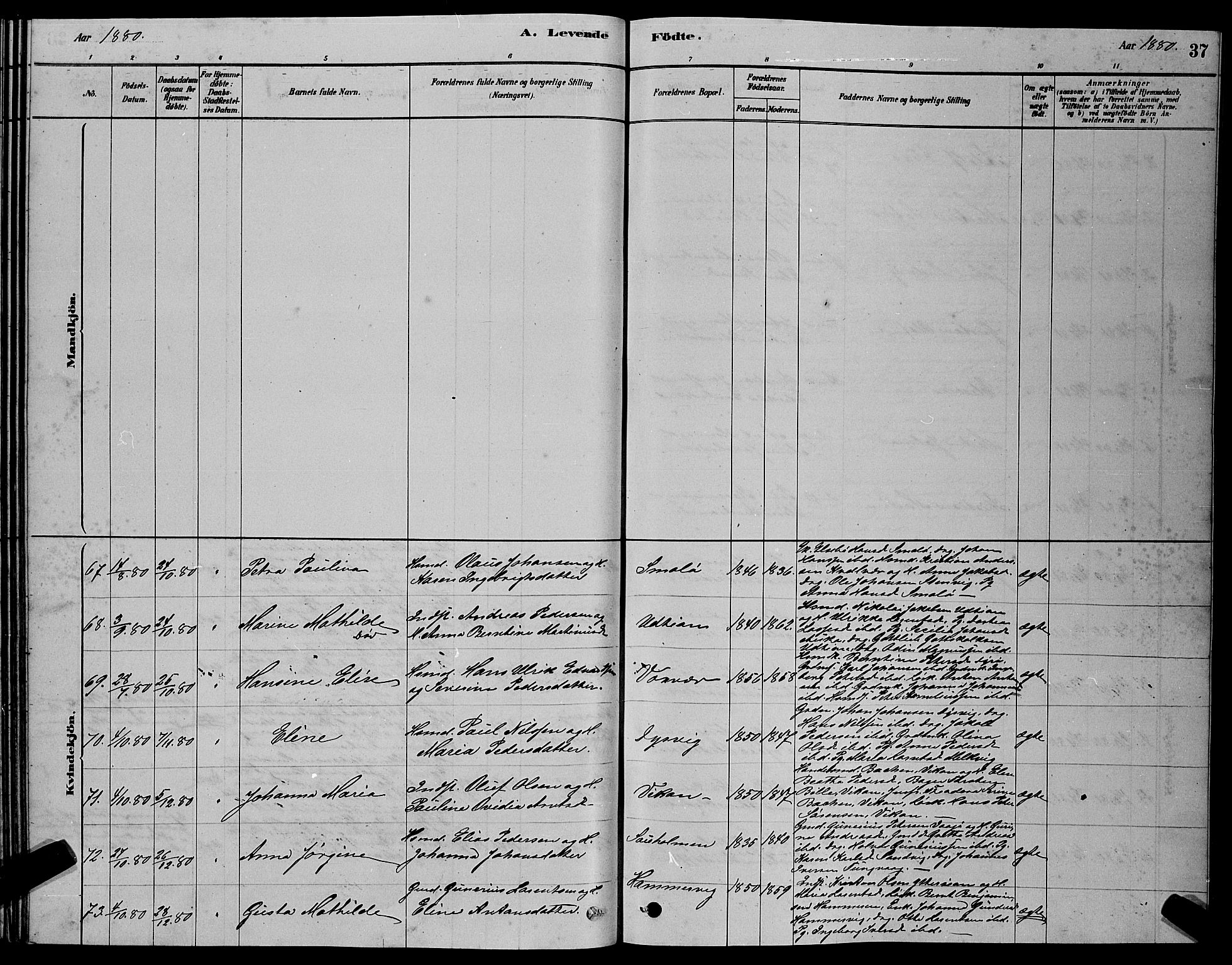 Ministerialprotokoller, klokkerbøker og fødselsregistre - Sør-Trøndelag, SAT/A-1456/640/L0585: Parish register (copy) no. 640C03, 1878-1891, p. 37