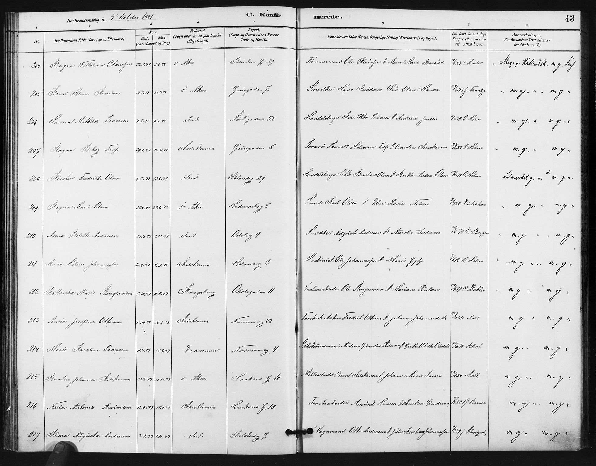 Kampen prestekontor Kirkebøker, AV/SAO-A-10853/F/Fa/L0006: Parish register (official) no. I 6, 1889-1896, p. 43