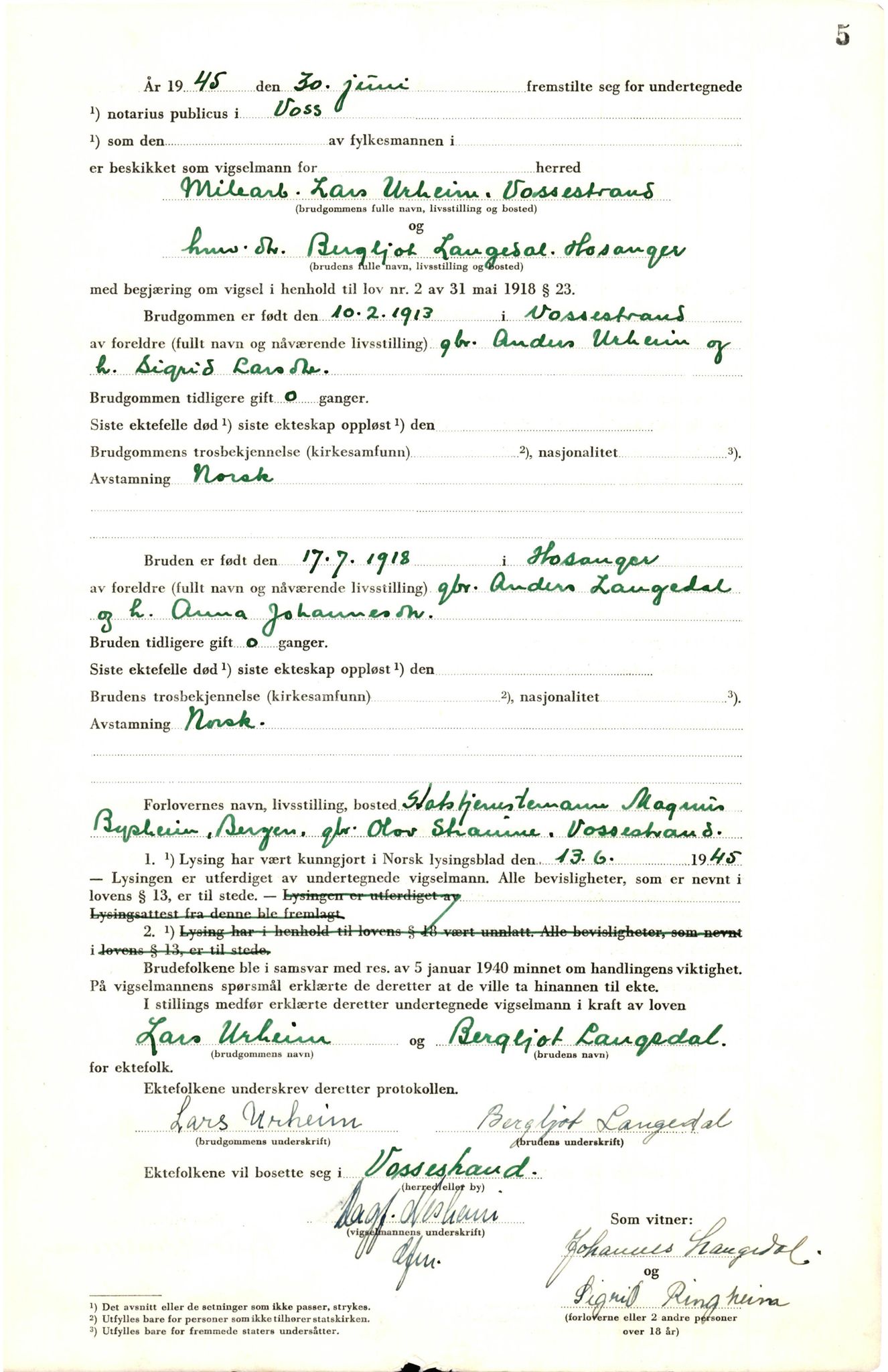 Voss sorenskrivar, AV/SAB-A-2701/M/Maa/L0003: Vigselbok, 1945-1969, p. 5