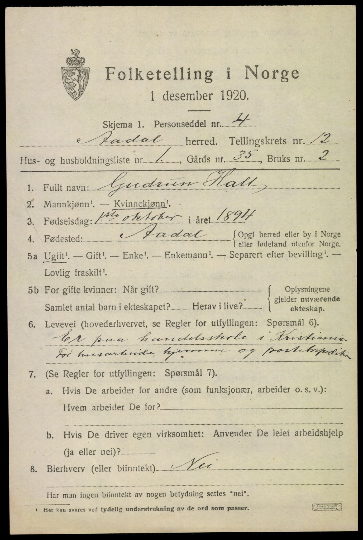 SAKO, 1920 census for Ådal, 1920, p. 6838