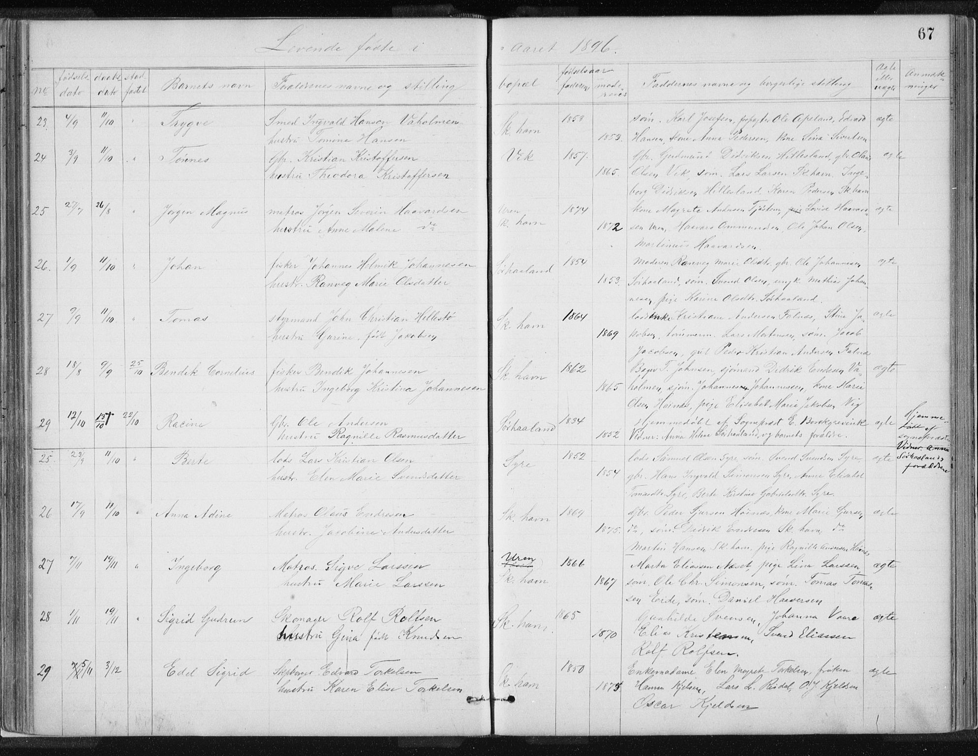 Skudenes sokneprestkontor, AV/SAST-A -101849/H/Ha/Hab/L0007: Parish register (copy) no. B 7, 1885-1899, p. 67