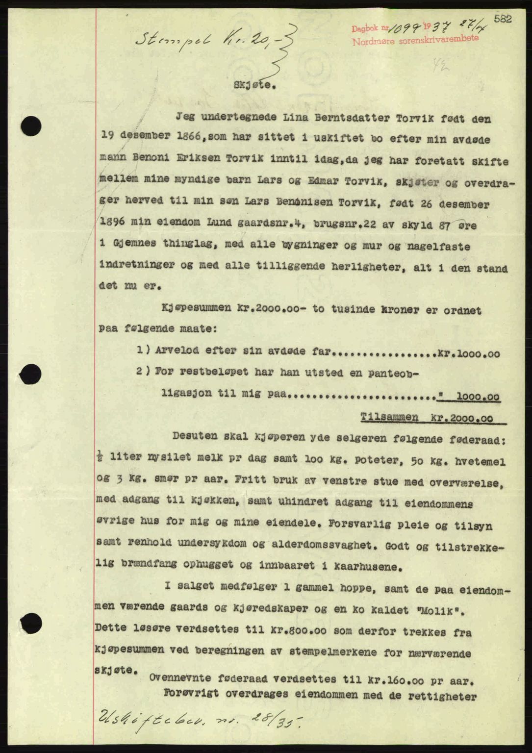 Nordmøre sorenskriveri, AV/SAT-A-4132/1/2/2Ca: Mortgage book no. A81, 1937-1937, Diary no: : 1099/1937