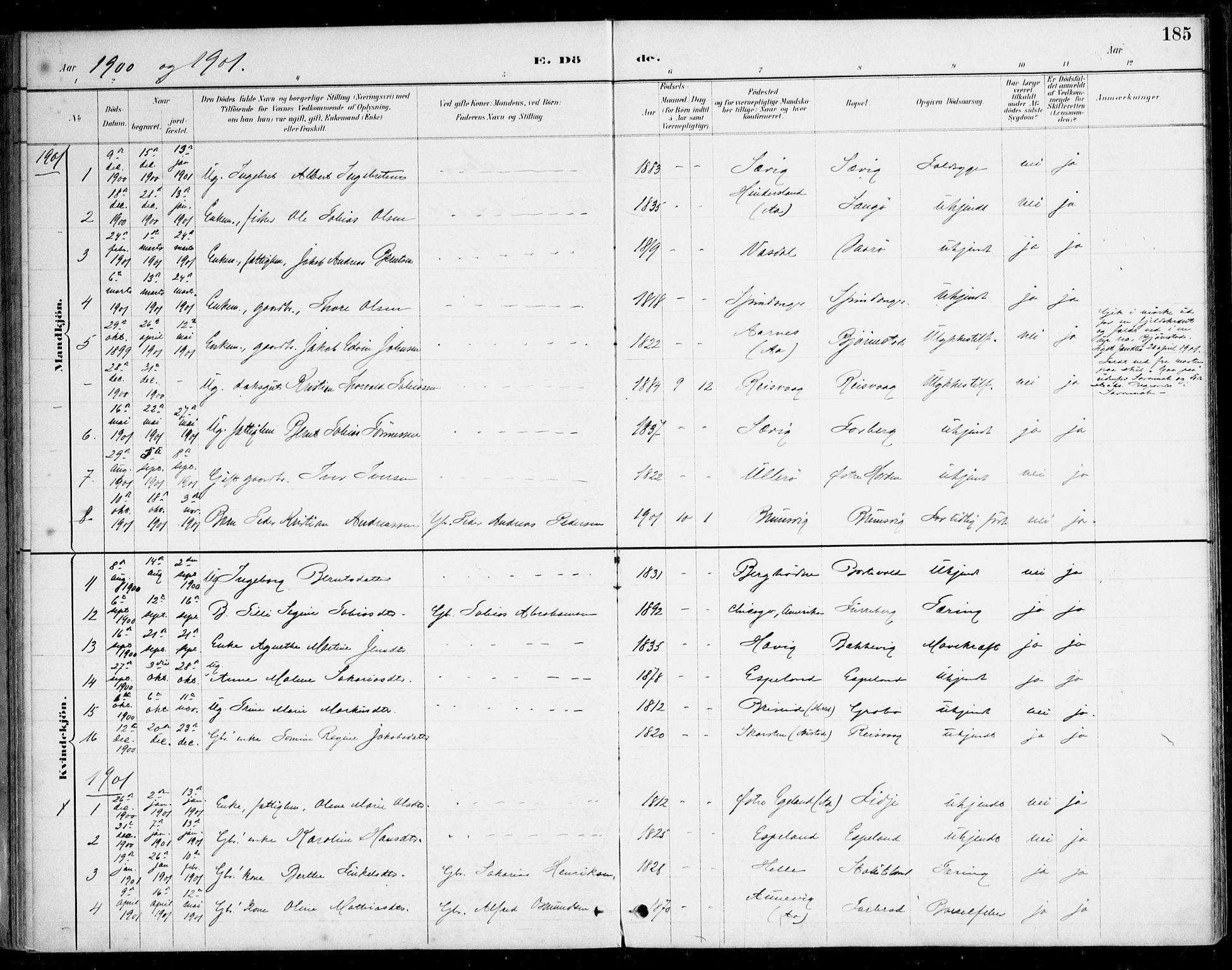 Herad sokneprestkontor, SAK/1111-0018/F/Fa/Fab/L0005: Parish register (official) no. A 5, 1886-1913, p. 185