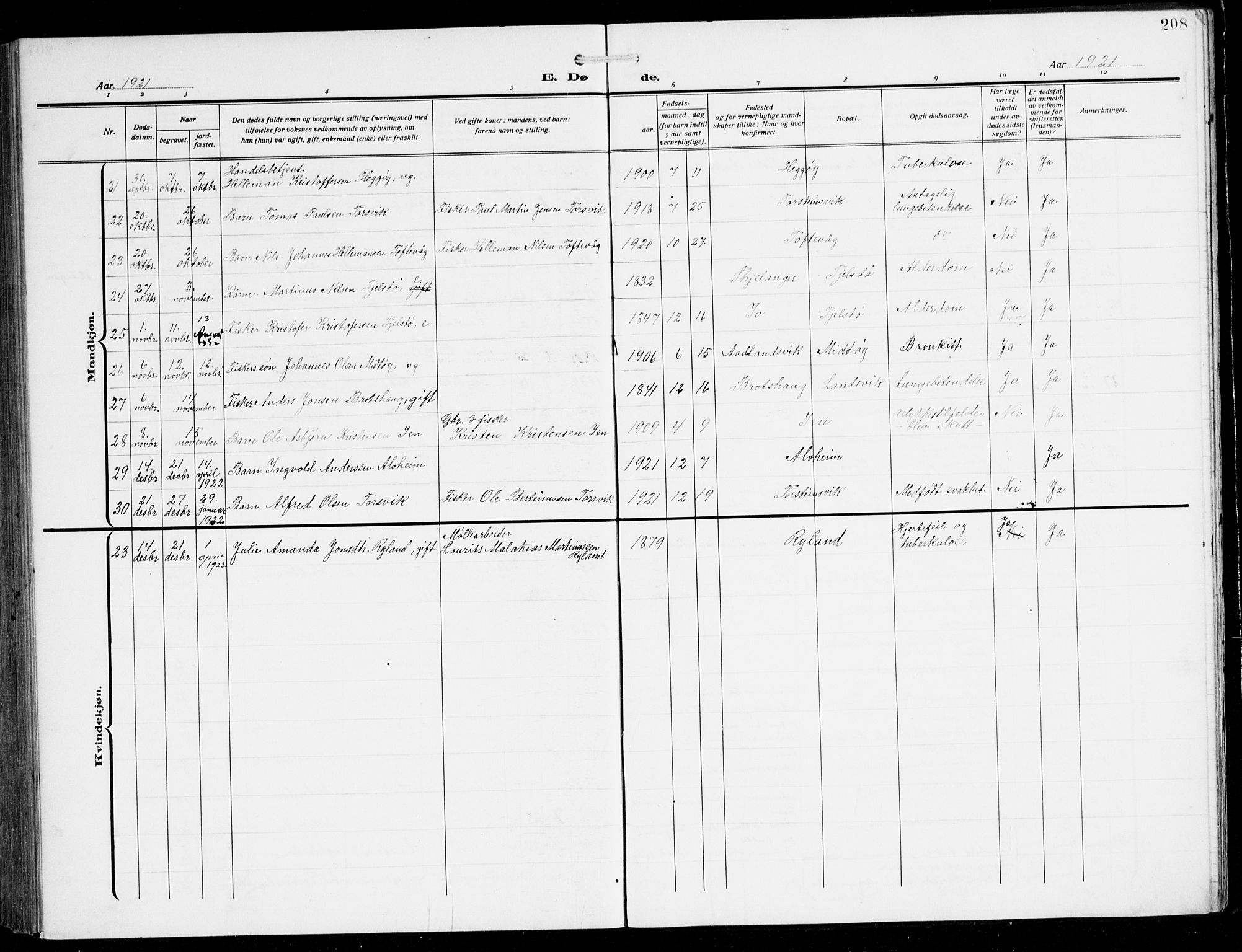 Herdla Sokneprestembete, SAB/A-75701/H/Hab: Parish register (copy) no. C 2, 1913-1926, p. 208