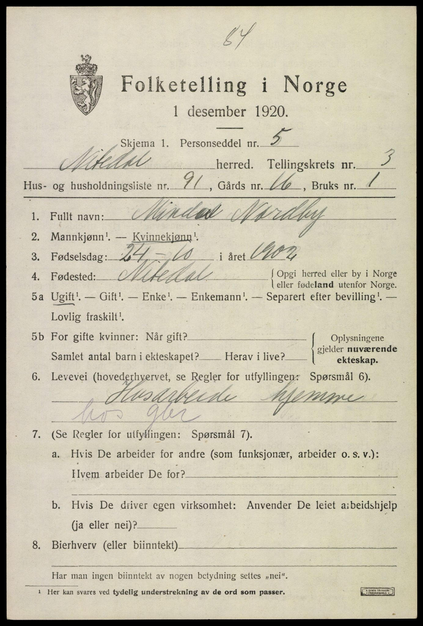 SAO, 1920 census for Nittedal, 1920, p. 4660