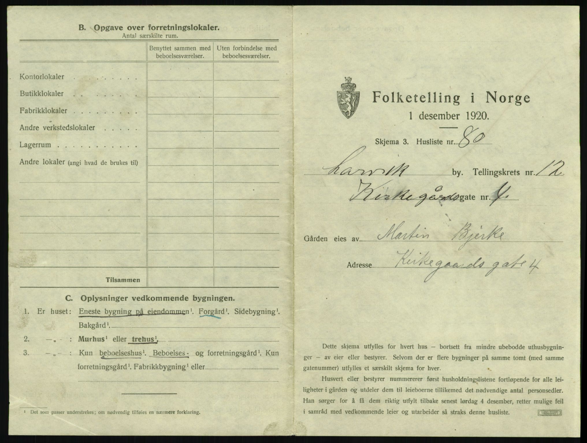 SAKO, 1920 census for Larvik, 1920, p. 3014