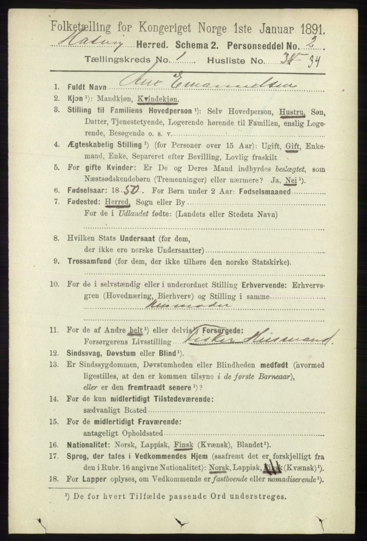 RA, 1891 census for 2015 Hasvik, 1891, p. 258