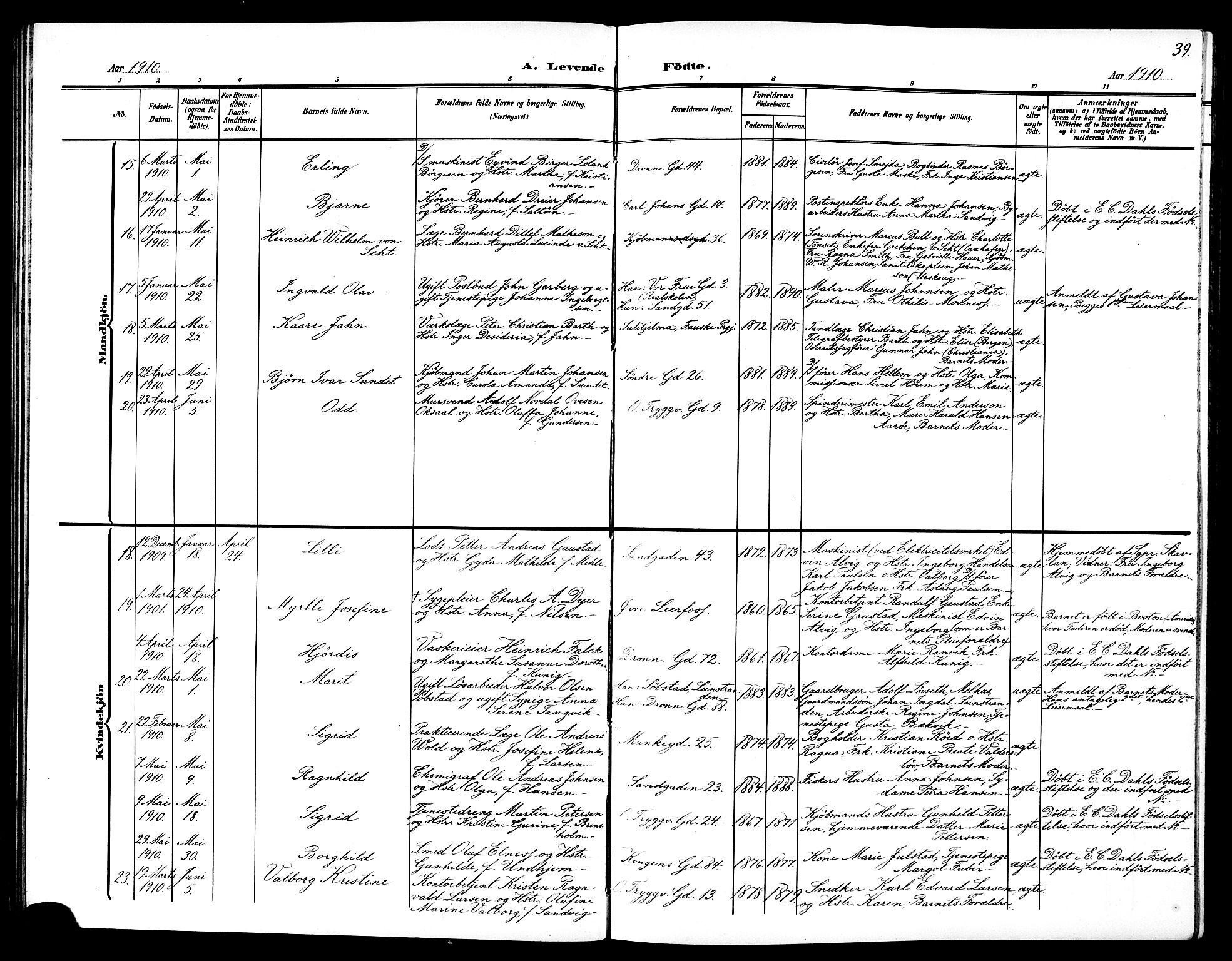 Ministerialprotokoller, klokkerbøker og fødselsregistre - Sør-Trøndelag, SAT/A-1456/602/L0146: Parish register (copy) no. 602C14, 1904-1914, p. 39