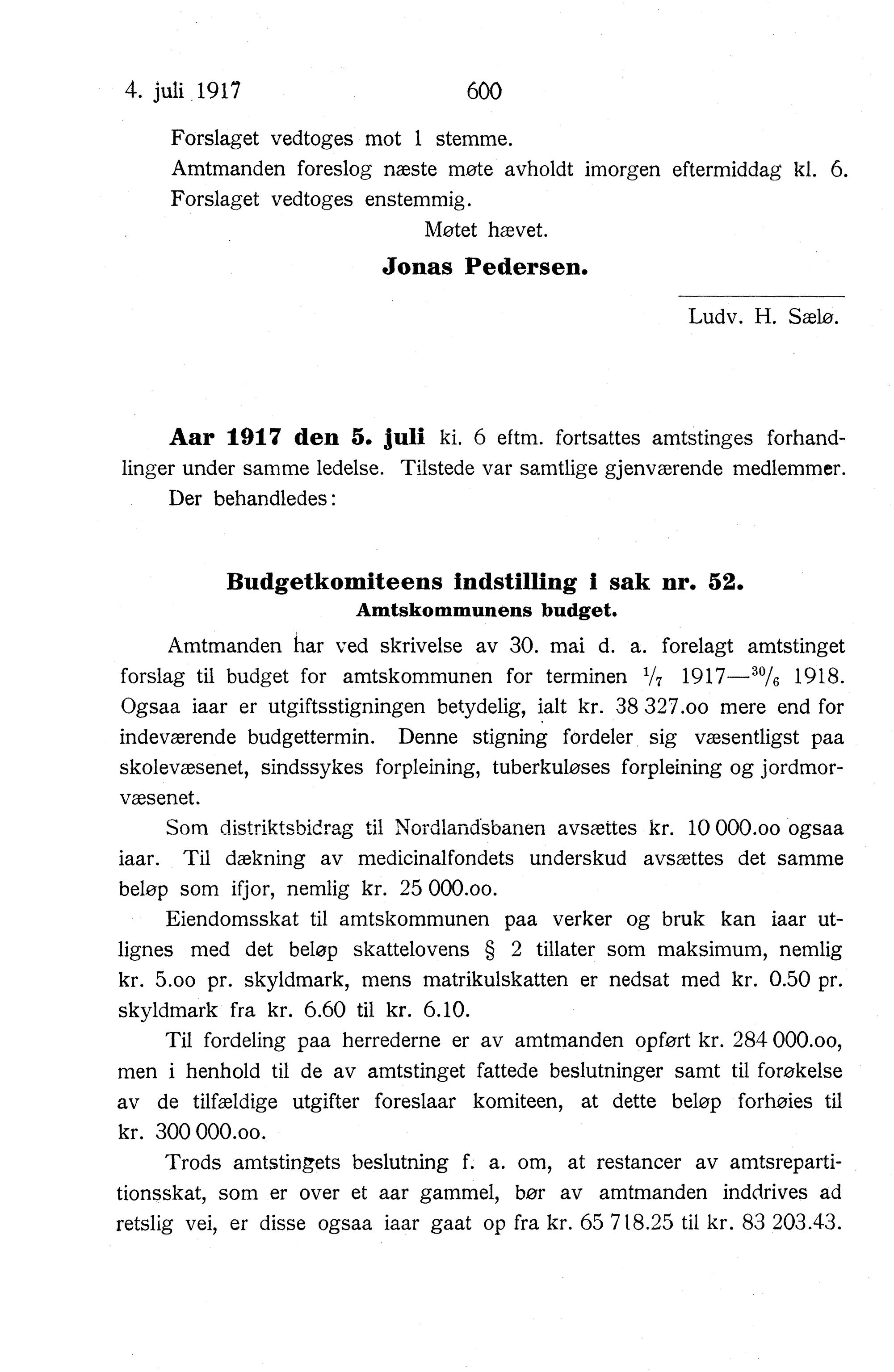 Nordland Fylkeskommune. Fylkestinget, AIN/NFK-17/176/A/Ac/L0040: Fylkestingsforhandlinger 1917, 1917, p. 600