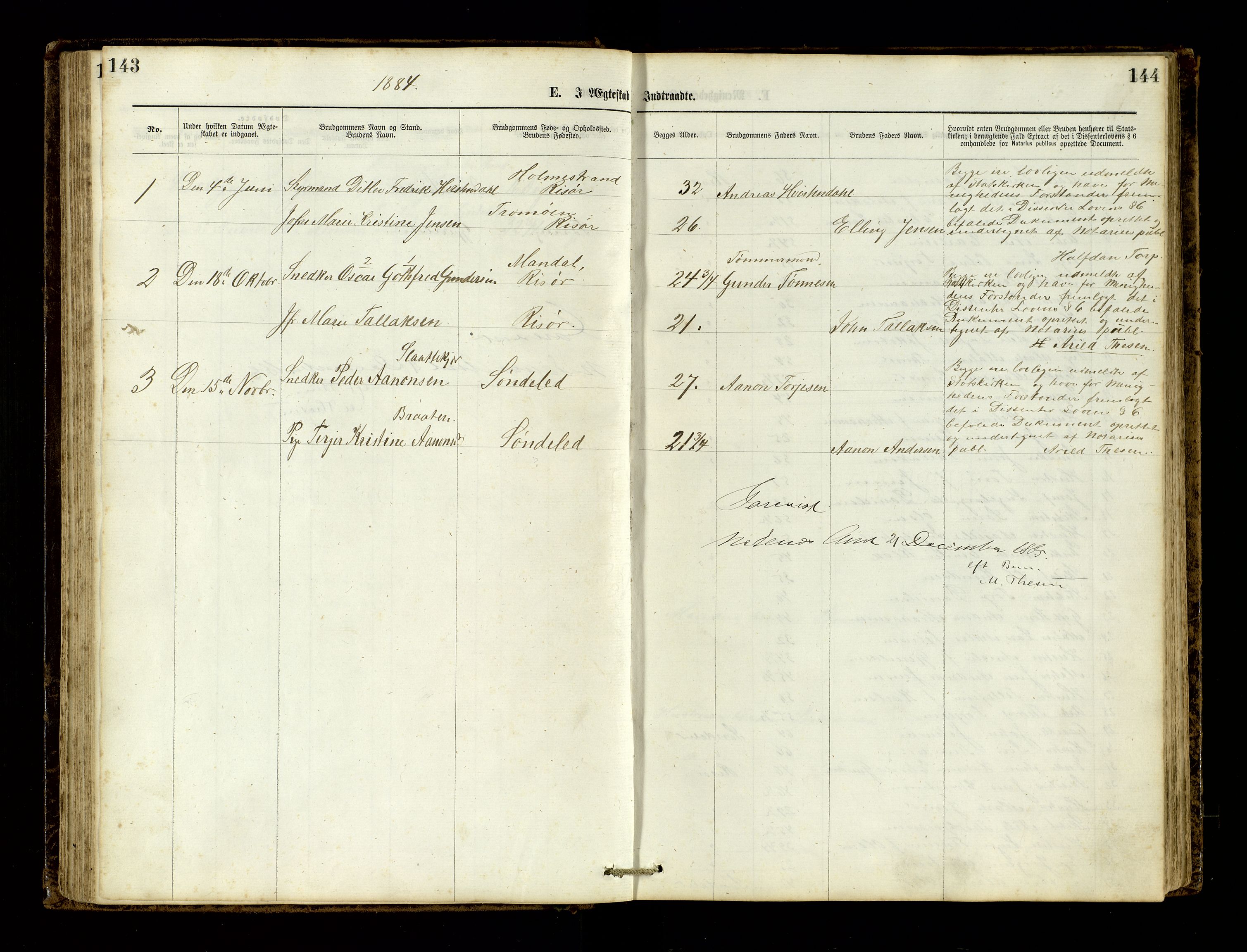 Den evangelisk-lutherske frimenighet, Risør, AV/SAK-1292-0007/F/Fa/L0001: Dissenter register no. F 17, 1877-1892, p. 143-144