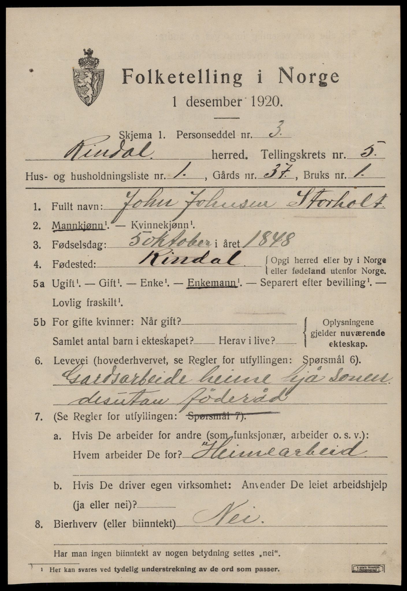 SAT, 1920 census for Rindal, 1920, p. 2646