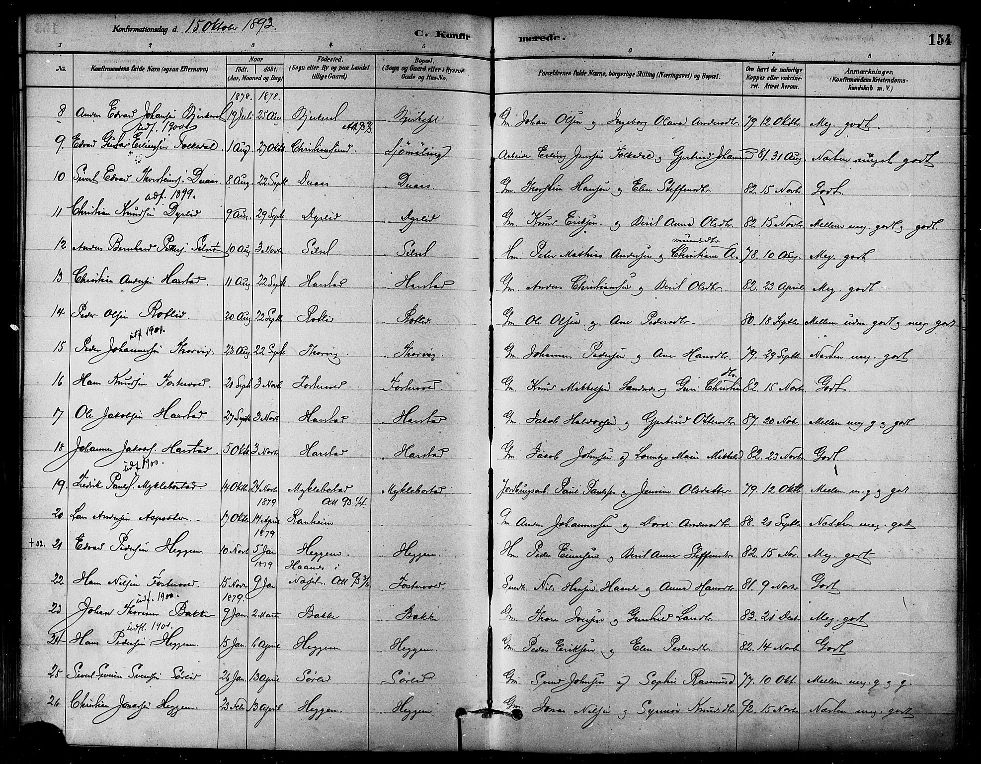 Ministerialprotokoller, klokkerbøker og fødselsregistre - Møre og Romsdal, AV/SAT-A-1454/584/L0967: Parish register (official) no. 584A07, 1879-1894, p. 154