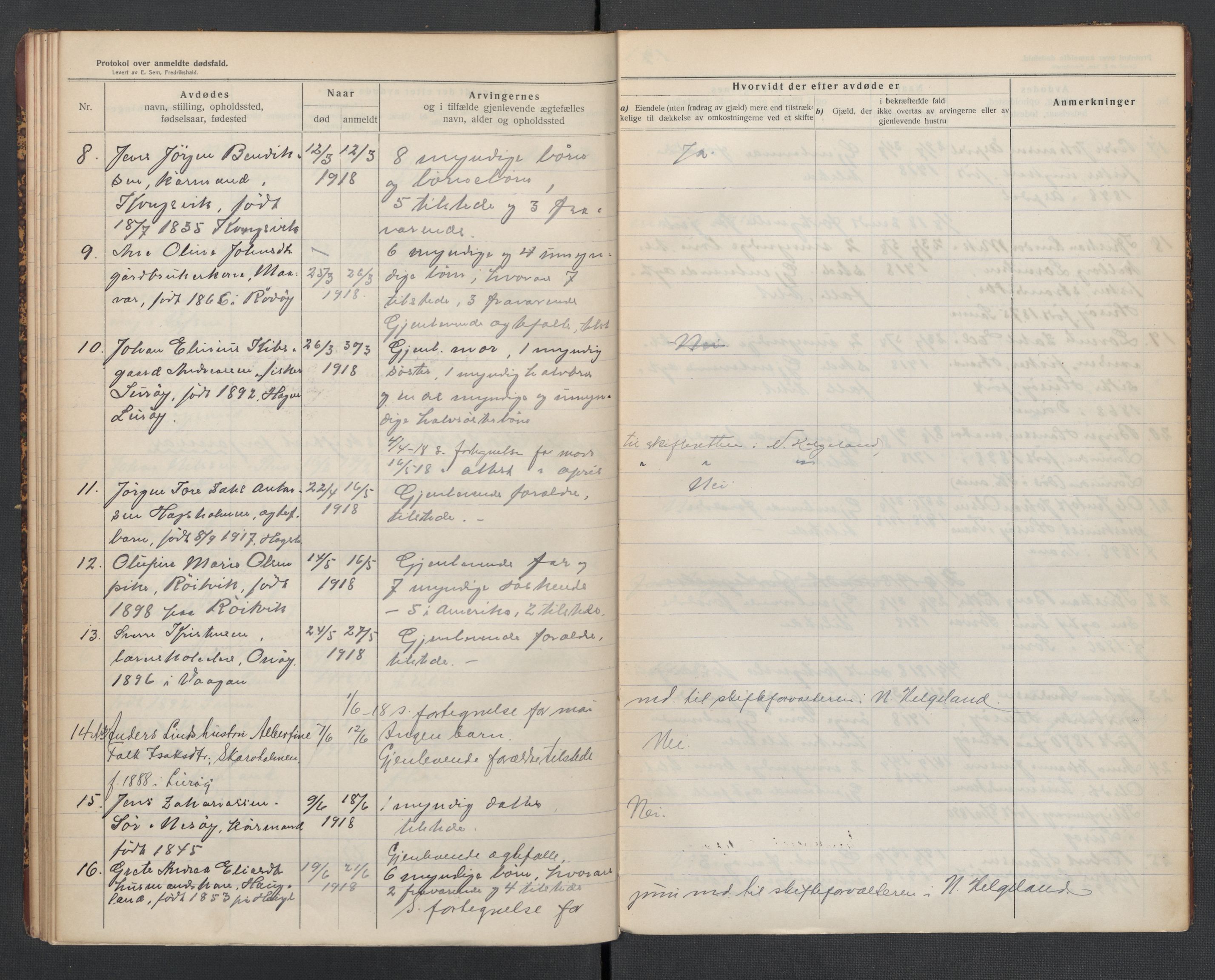 Lurøy og Træna lensmannskontor, AV/SAT-A-5697/1/02/L0002: 2.01.02 - Dødsfallsprotokoll, 1911-1920