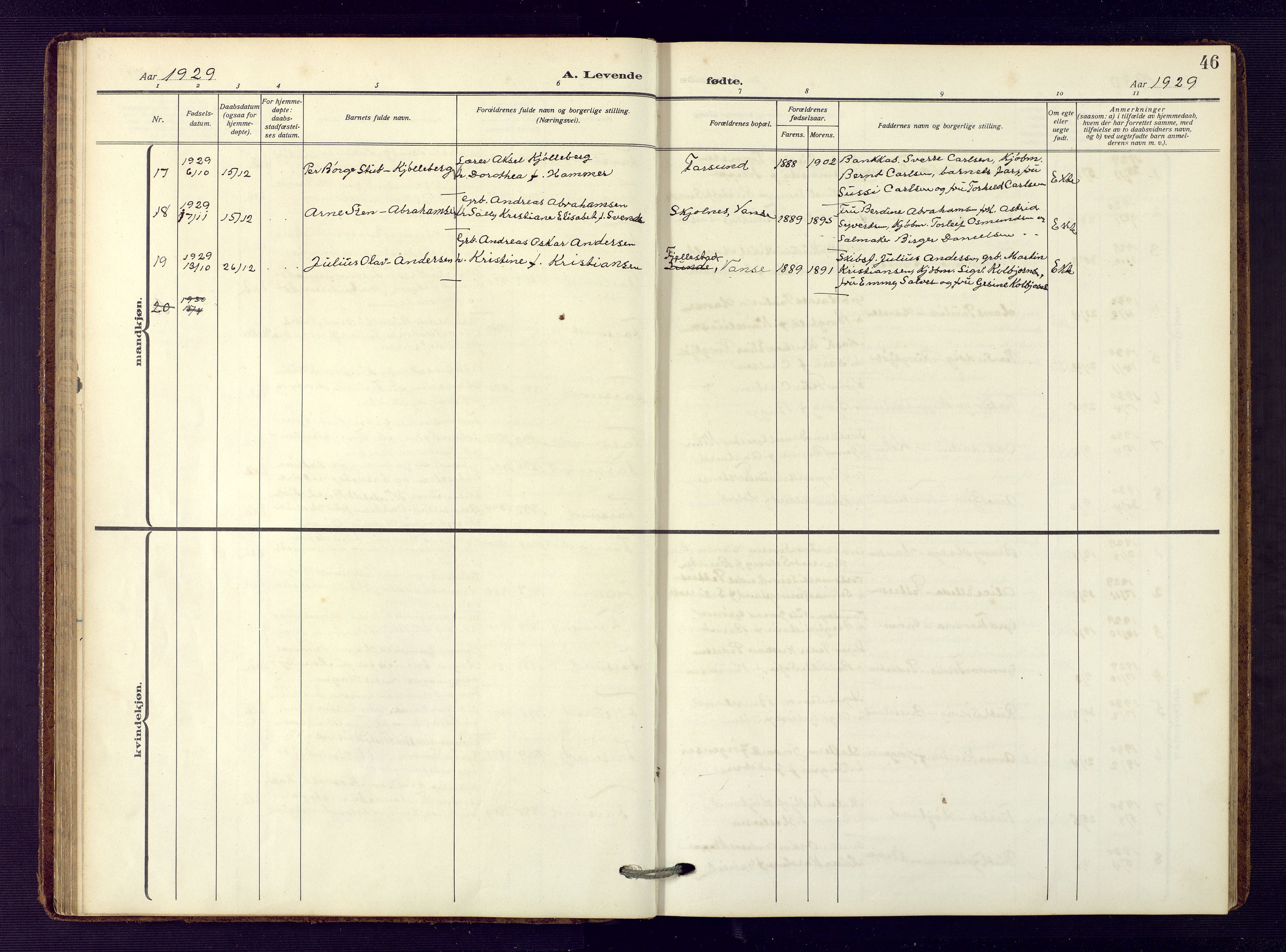 Farsund sokneprestkontor, AV/SAK-1111-0009/F/Fb/L0002: Parish register (copy) no. B 2, 1914-1958, p. 46