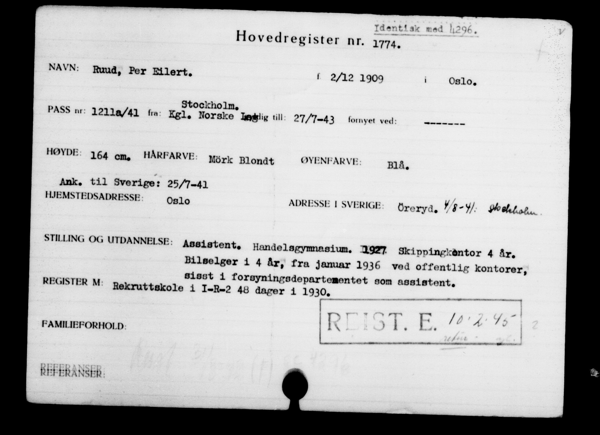 Den Kgl. Norske Legasjons Flyktningskontor, RA/S-6753/V/Va/L0002: Kjesäterkartoteket.  Flyktningenr. 1001-2000, 1940-1945, p. 1107