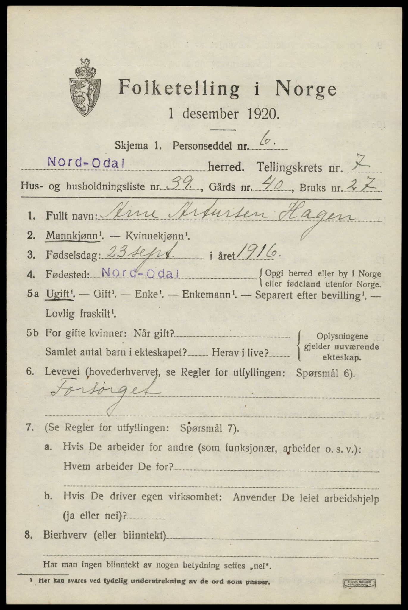 SAH, 1920 census for Nord-Odal, 1920, p. 7531