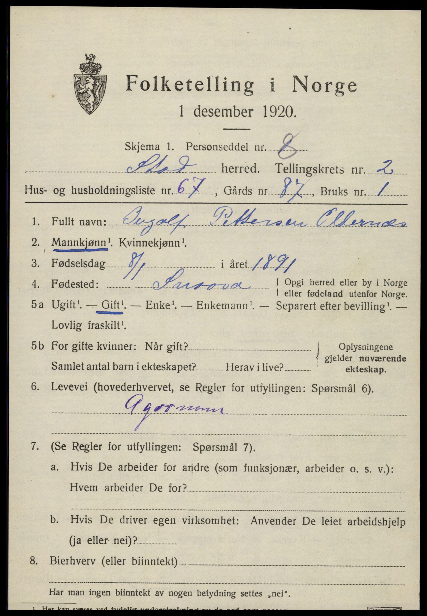 SAT, 1920 census for Stod, 1920, p. 2202