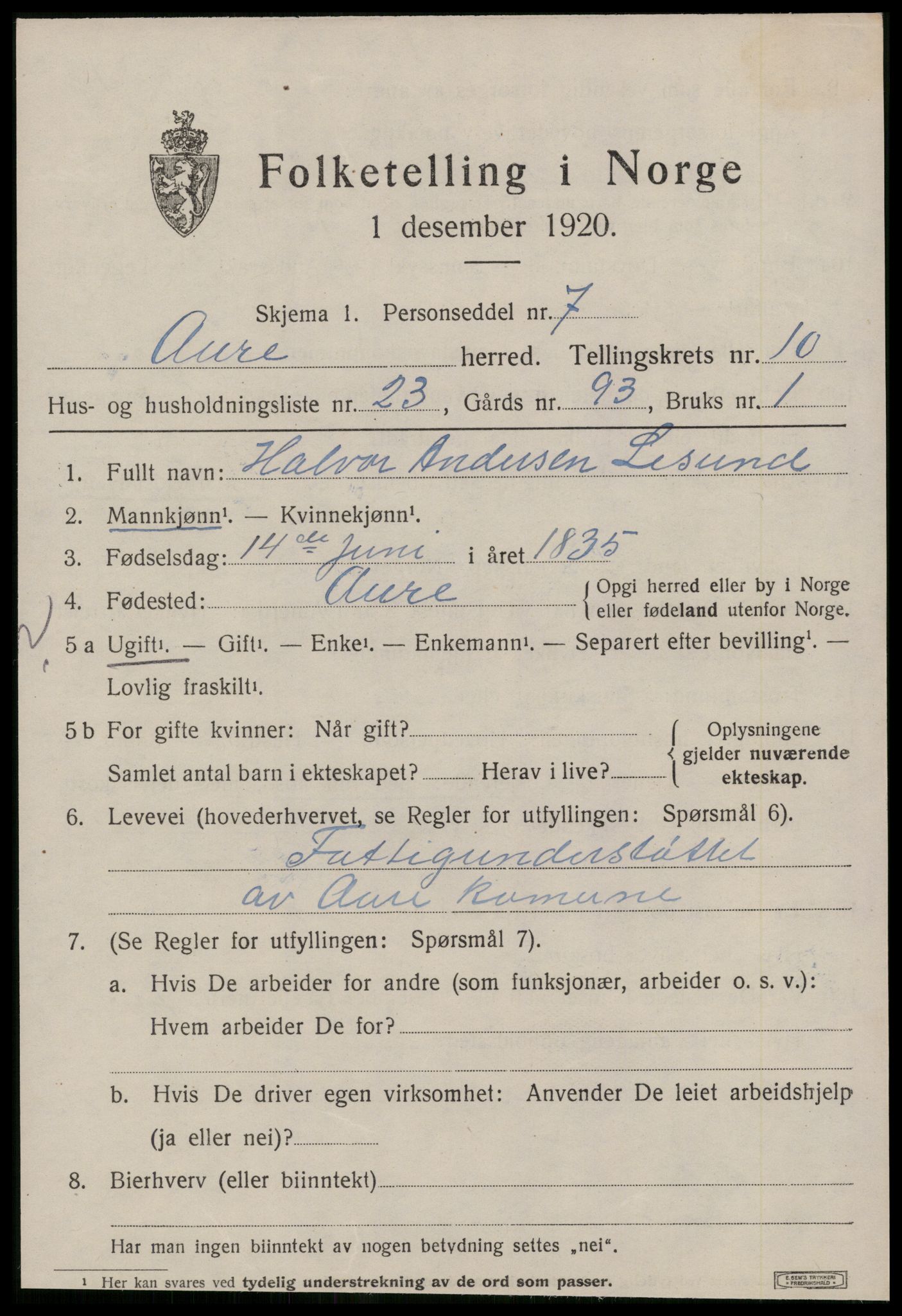 SAT, 1920 census for Aure, 1920, p. 4232