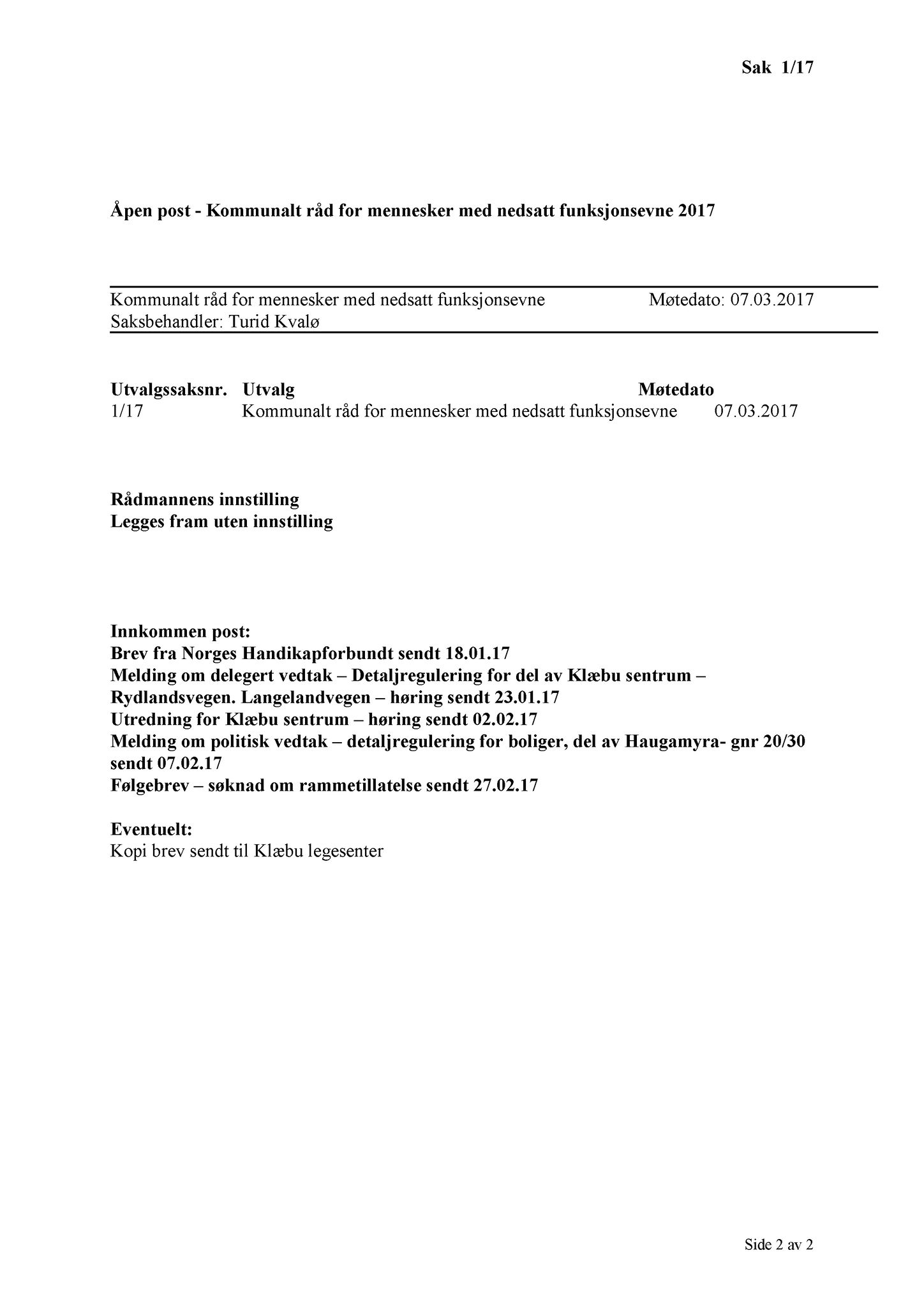 Klæbu Kommune, TRKO/KK/08-KMNF/L007: Kommunalt råd for mennesker med nedsatt funksjonsevne - Møteoversikt, 2017, p. 3