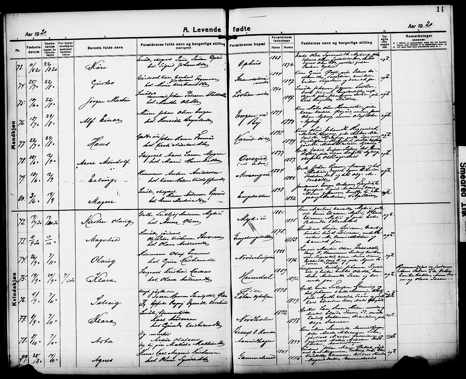 Løten prestekontor, AV/SAH-PREST-022/L/La/L0008: Parish register (copy) no. 8, 1920-1929, p. 14