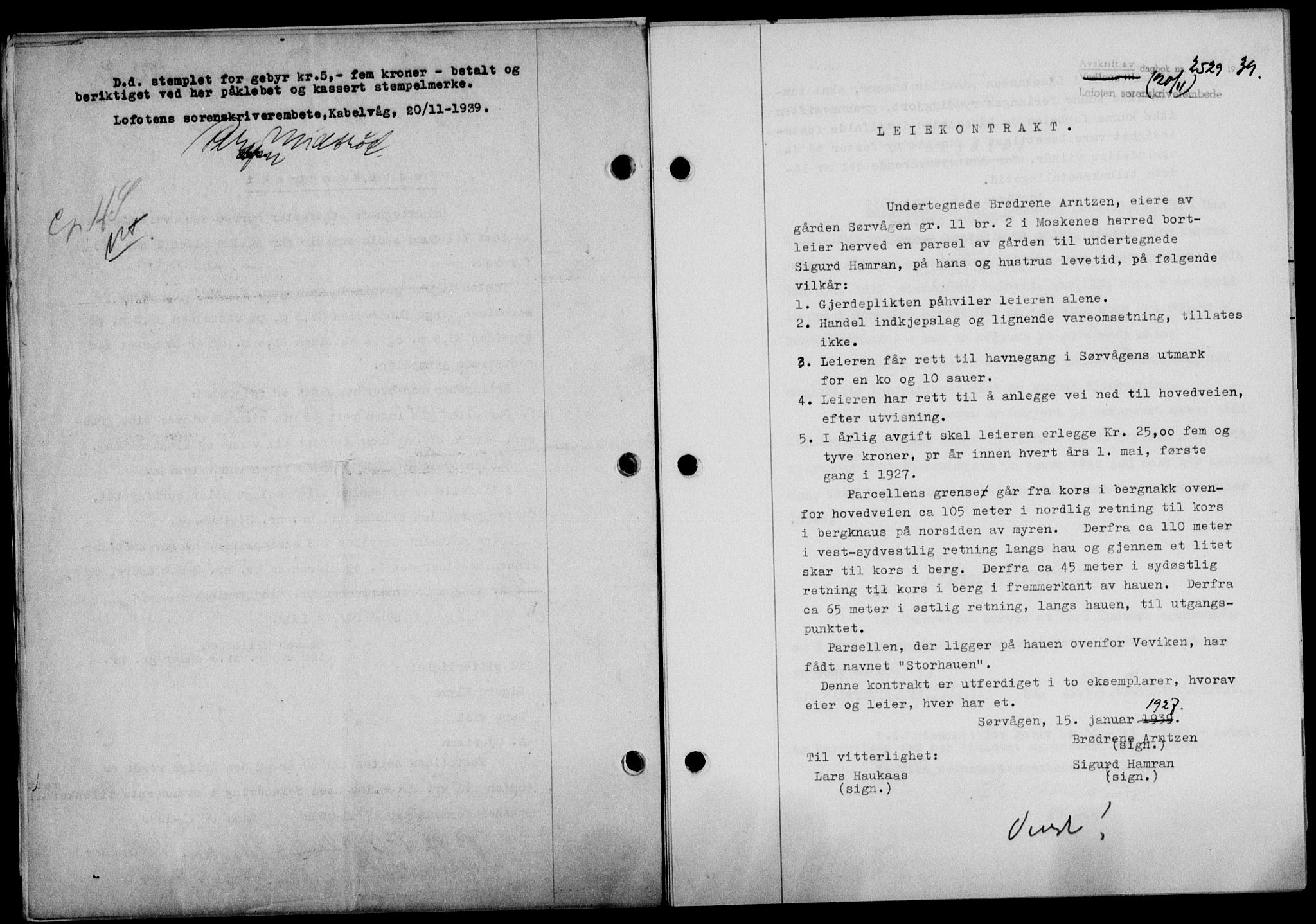Lofoten sorenskriveri, SAT/A-0017/1/2/2C/L0006a: Mortgage book no. 6a, 1939-1939, Diary no: : 2529/1939