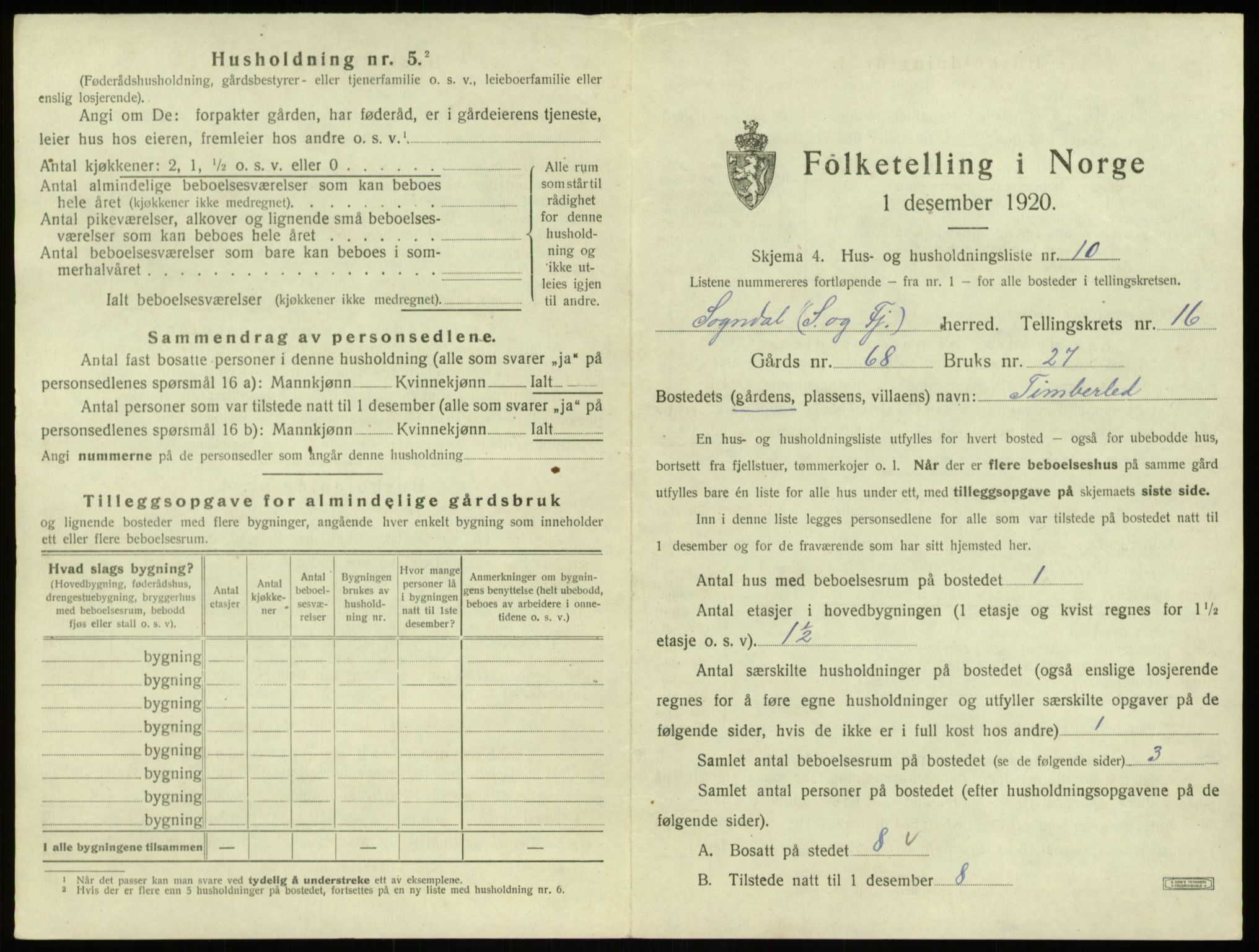 SAB, 1920 census for Sogndal, 1920, p. 872