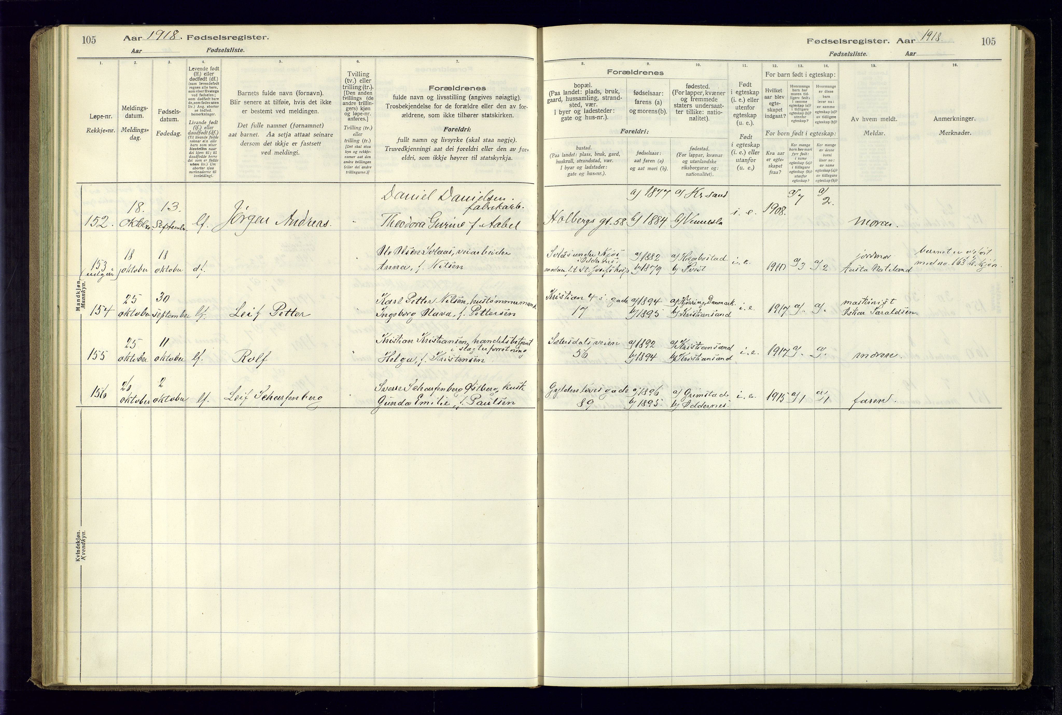 Kristiansand domprosti, AV/SAK-1112-0006/J/Jc/L0001: Birth register no. A-VI-45, 1916-1921, p. 105