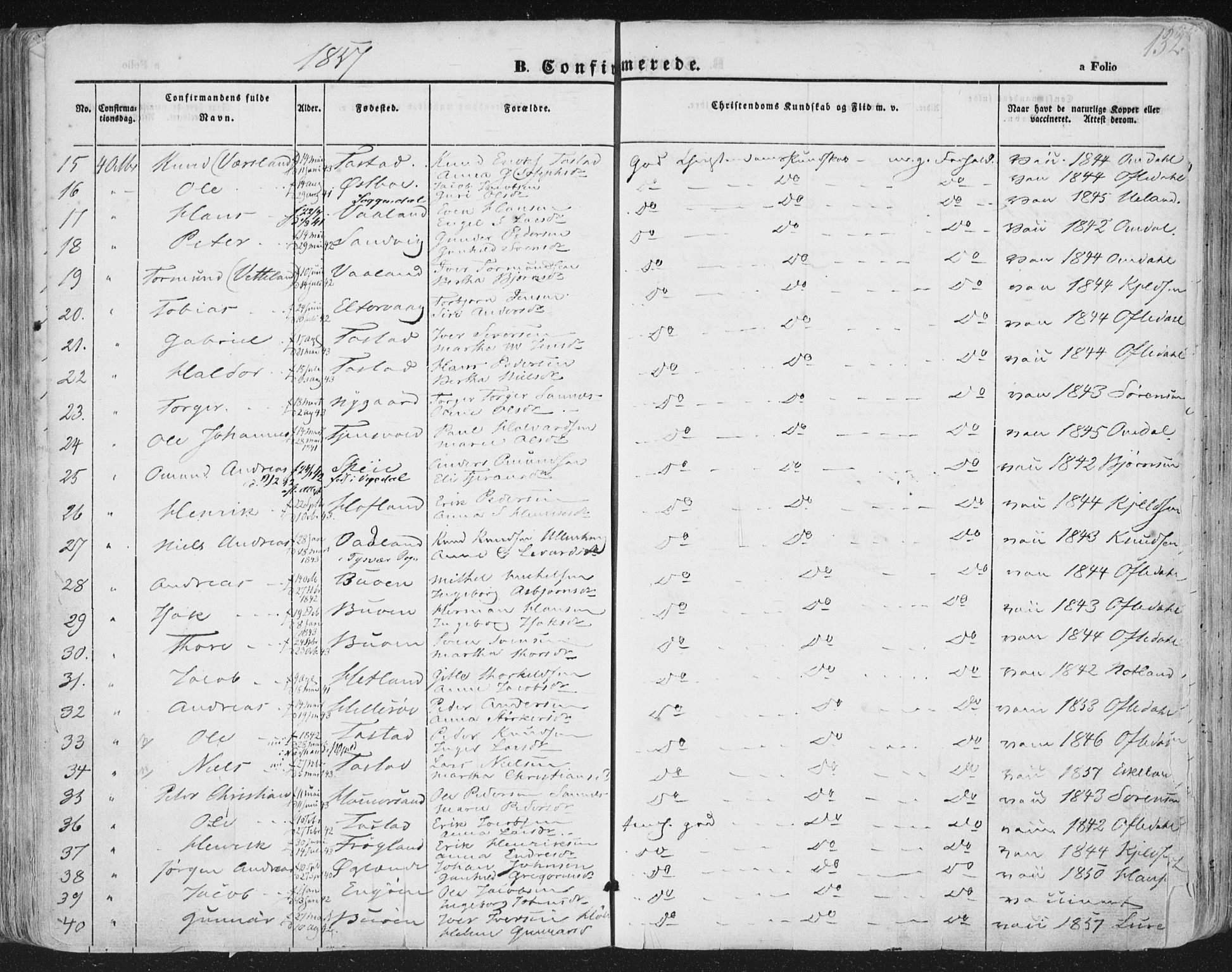 Hetland sokneprestkontor, AV/SAST-A-101826/30/30BA/L0002: Parish register (official) no. A 2, 1849-1869, p. 132