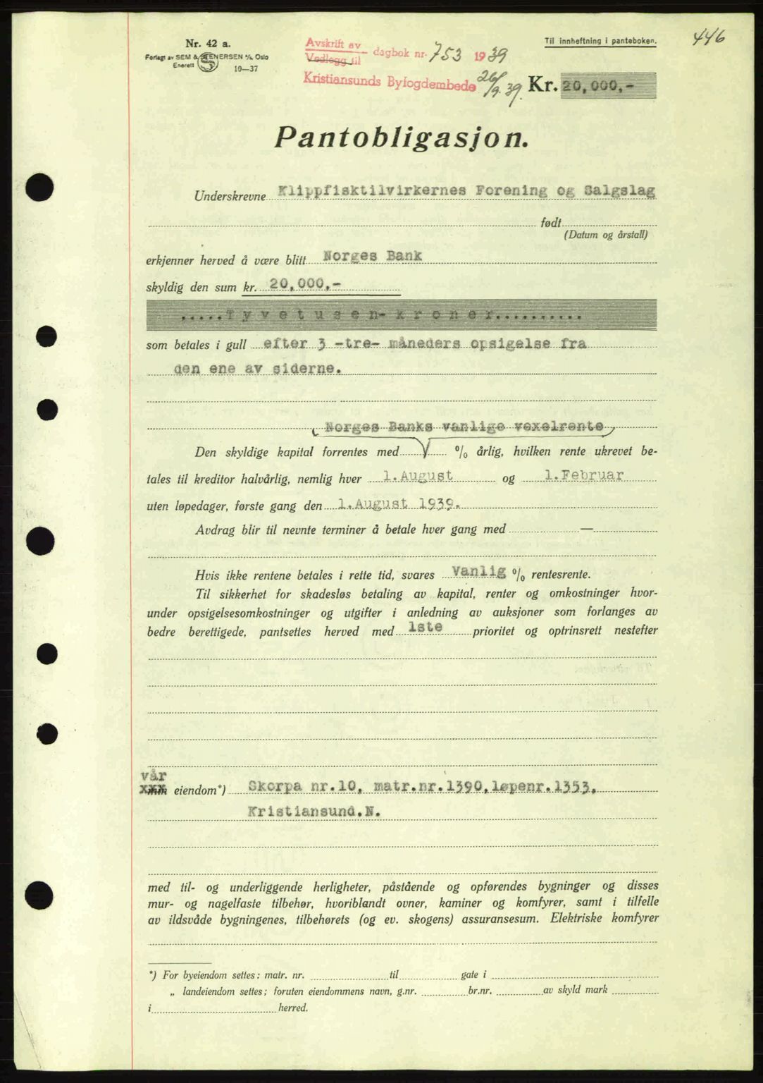 Kristiansund byfogd, SAT/A-4587/A/27: Mortgage book no. 31, 1938-1939, Diary no: : 753/1939