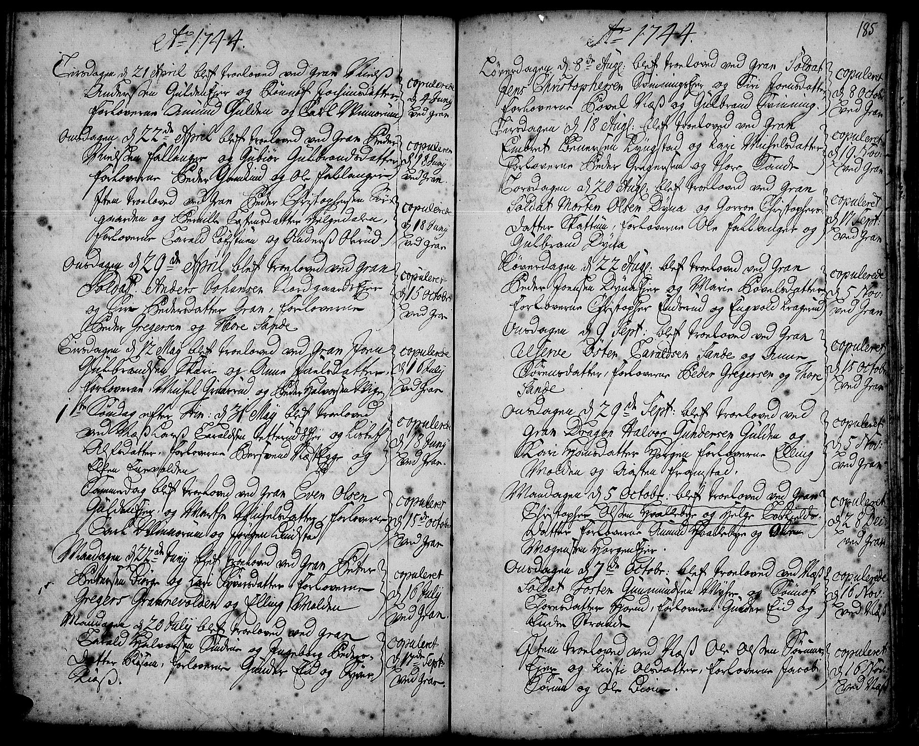 Gran prestekontor, SAH/PREST-112/H/Ha/Haa/L0002: Parish register (official) no. 2, 1732-1744, p. 185