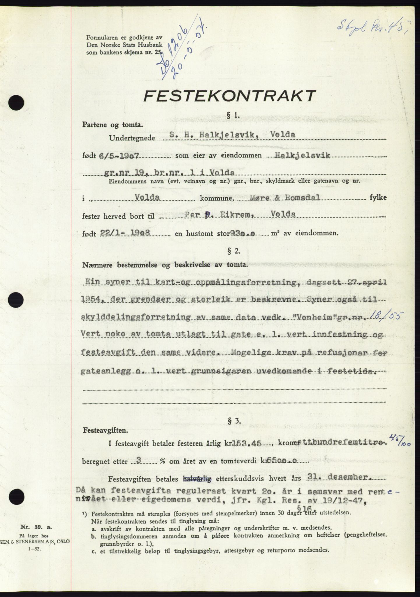 Søre Sunnmøre sorenskriveri, AV/SAT-A-4122/1/2/2C/L0097: Mortgage book no. 23A, 1954-1954, Diary no: : 1206/1954