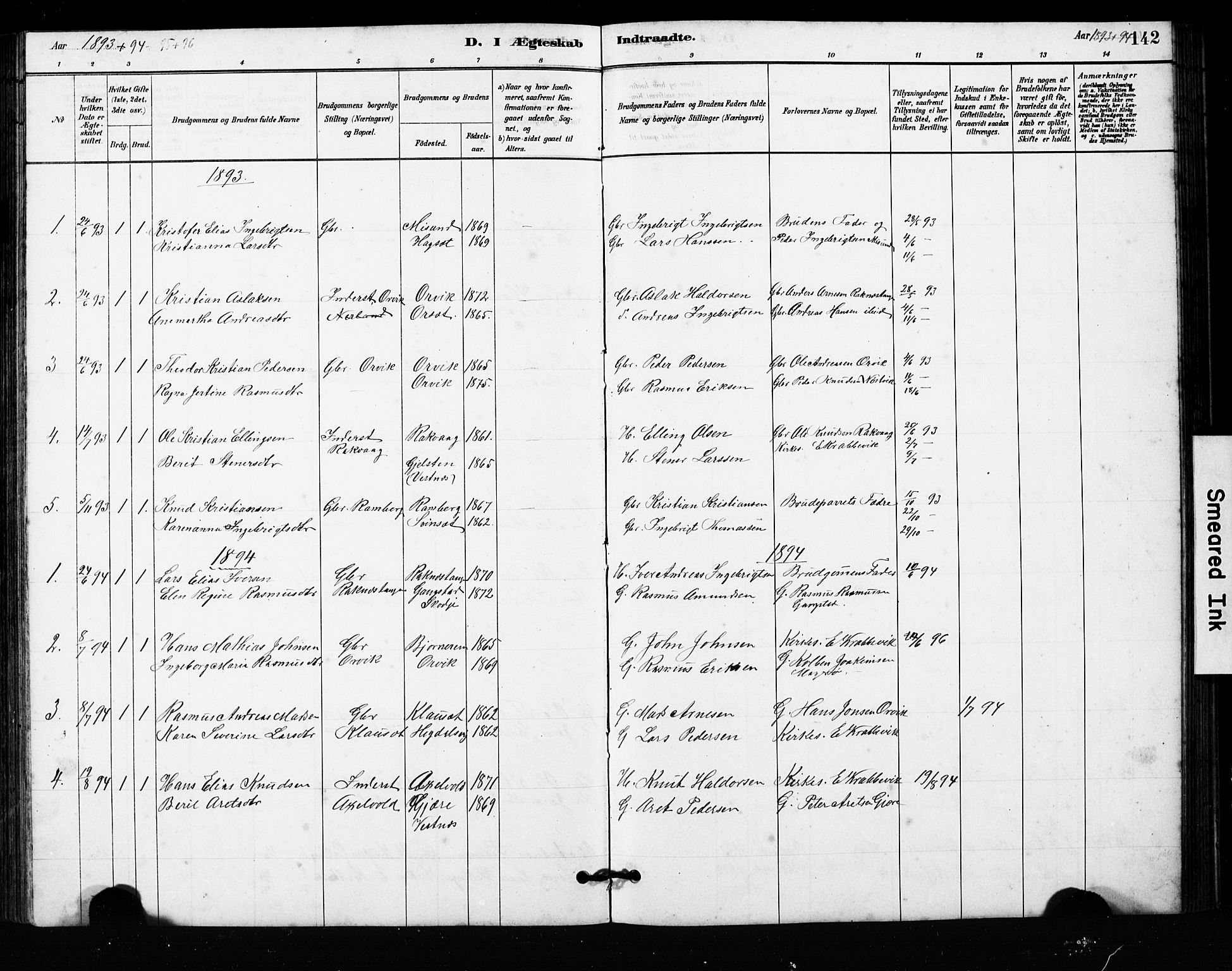 Ministerialprotokoller, klokkerbøker og fødselsregistre - Møre og Romsdal, SAT/A-1454/563/L0737: Parish register (copy) no. 563C01, 1878-1916, p. 142