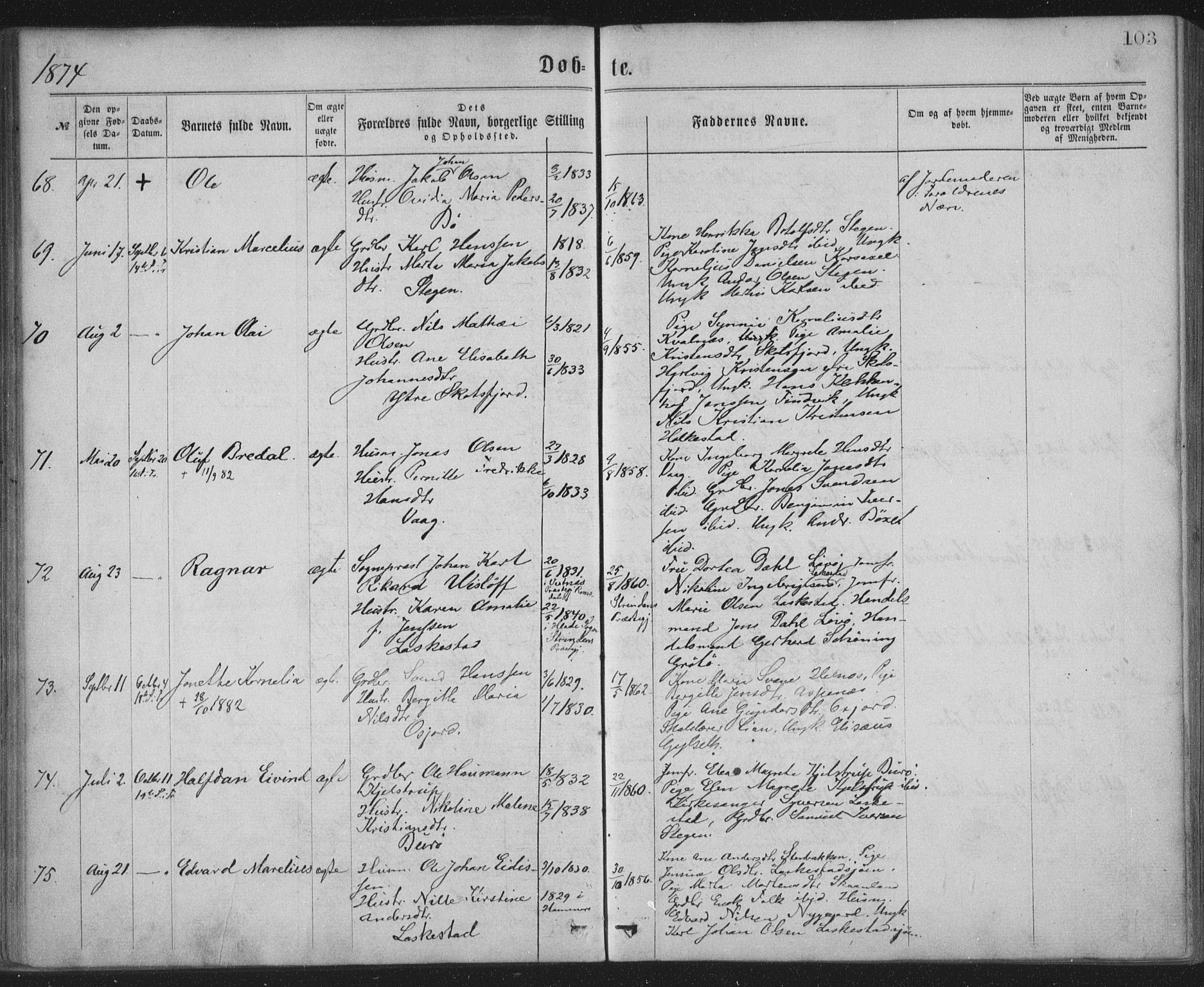 Ministerialprotokoller, klokkerbøker og fødselsregistre - Nordland, AV/SAT-A-1459/855/L0801: Parish register (official) no. 855A09, 1864-1874, p. 103