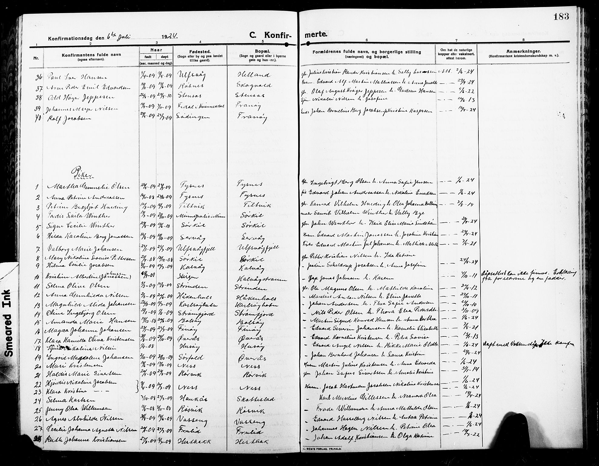 Ministerialprotokoller, klokkerbøker og fødselsregistre - Nordland, AV/SAT-A-1459/859/L0861: Parish register (copy) no. 859C07, 1910-1925, p. 183