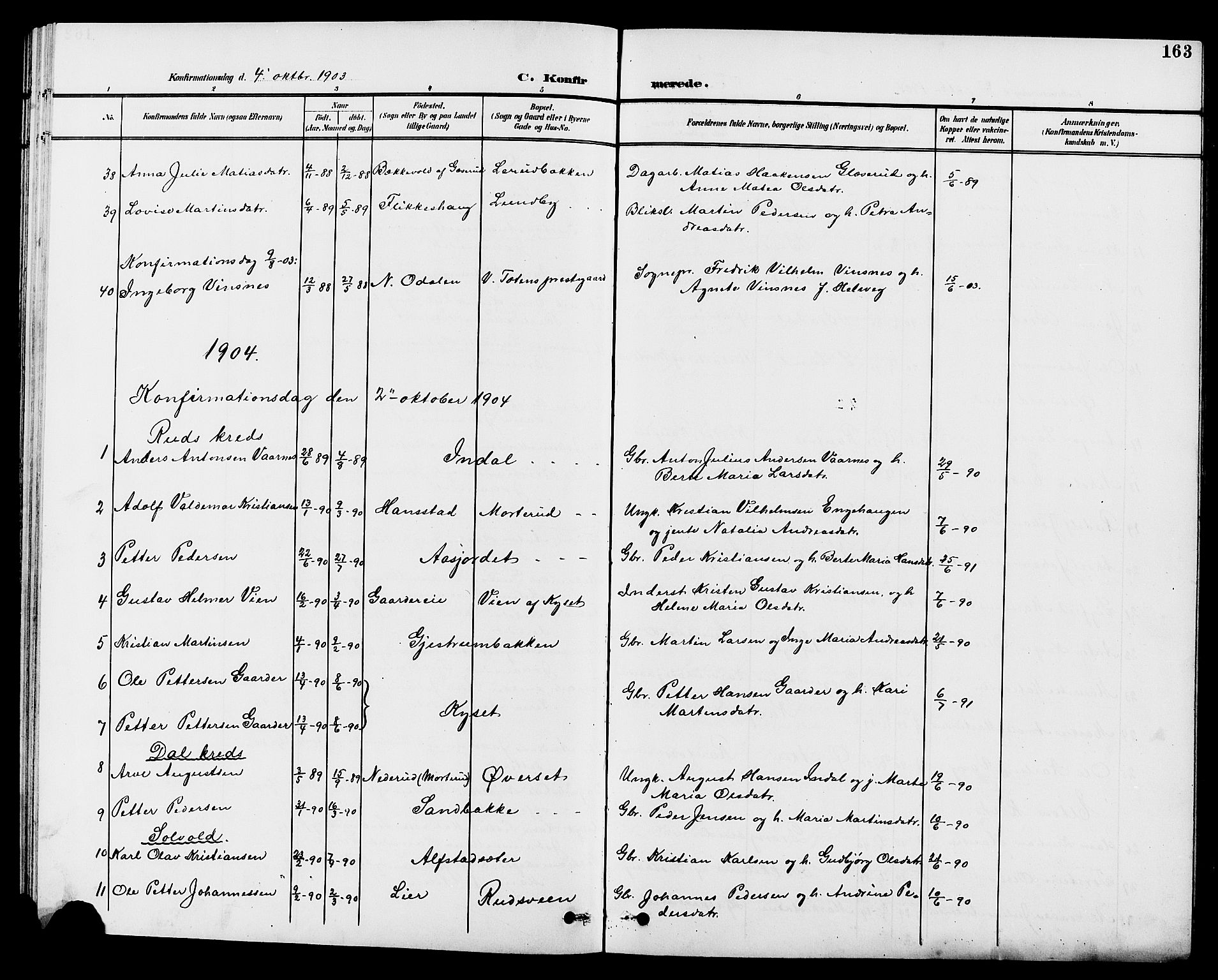 Vestre Toten prestekontor, SAH/PREST-108/H/Ha/Hab/L0010: Parish register (copy) no. 10, 1900-1912, p. 163