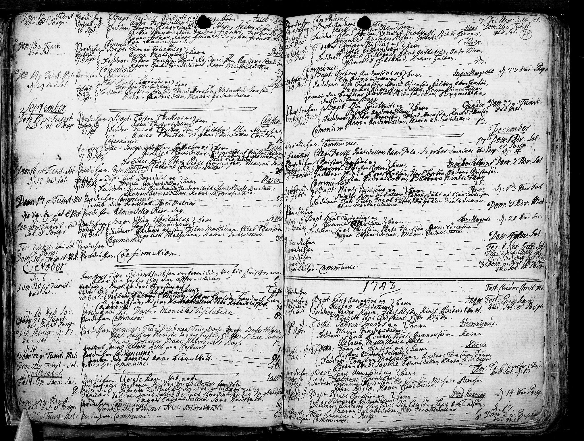 Solum kirkebøker, SAKO/A-306/F/Fa/L0002: Parish register (official) no. I 2, 1713-1761, p. 74