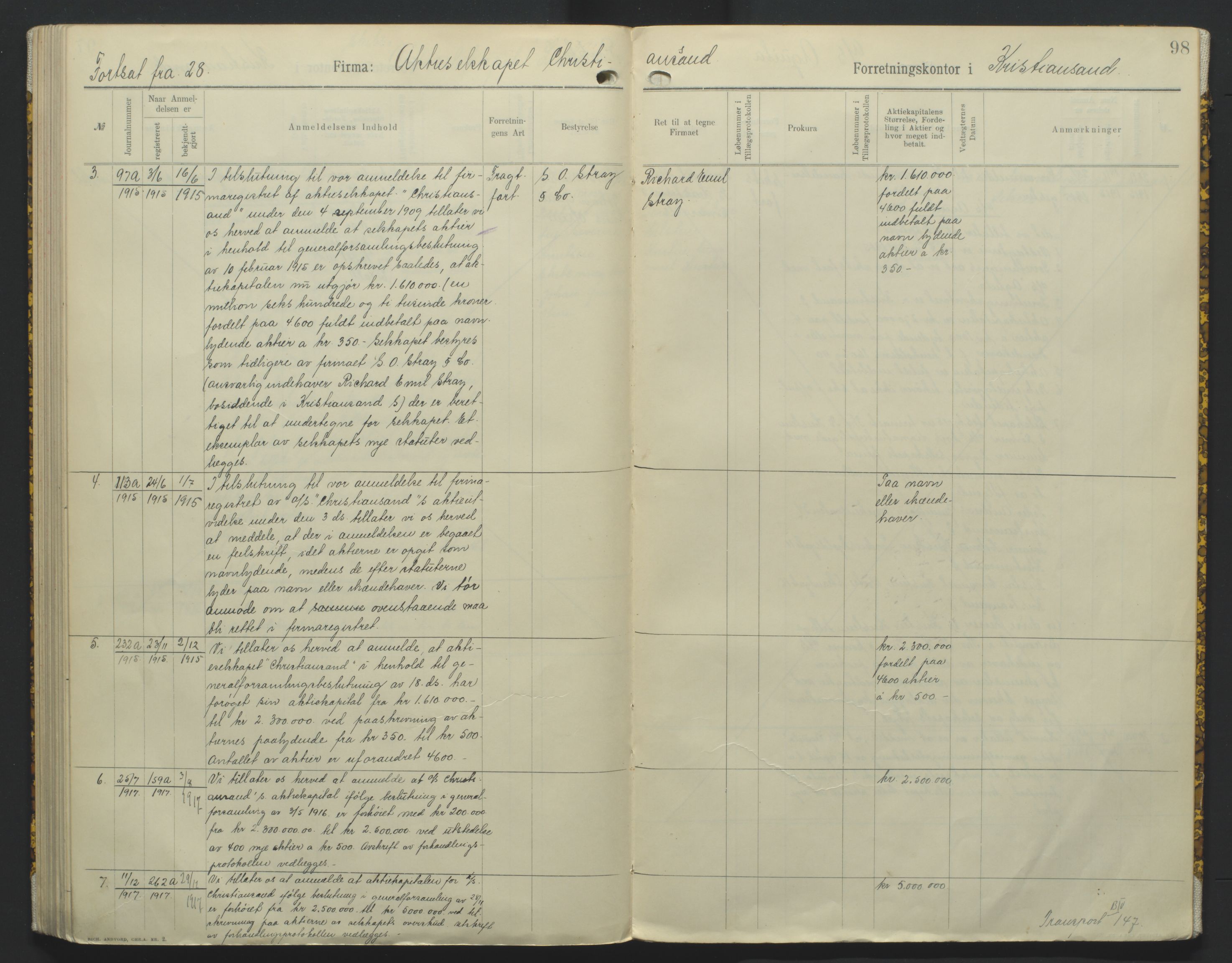 Kristiansand byrett, AV/SAK-1223-0001/K/Kb/L0010: Handelsregister B III, 1907-1915, p. 98