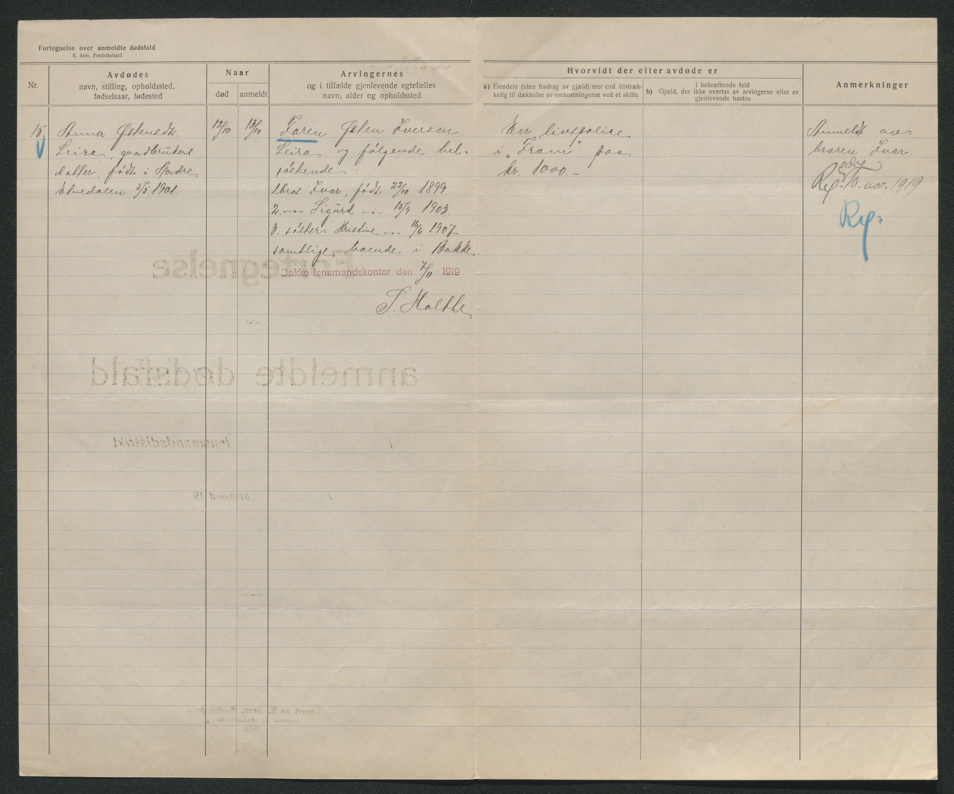 Eiker, Modum og Sigdal sorenskriveri, AV/SAKO-A-123/H/Ha/Hab/L0039: Dødsfallsmeldinger, 1918-1919, p. 837