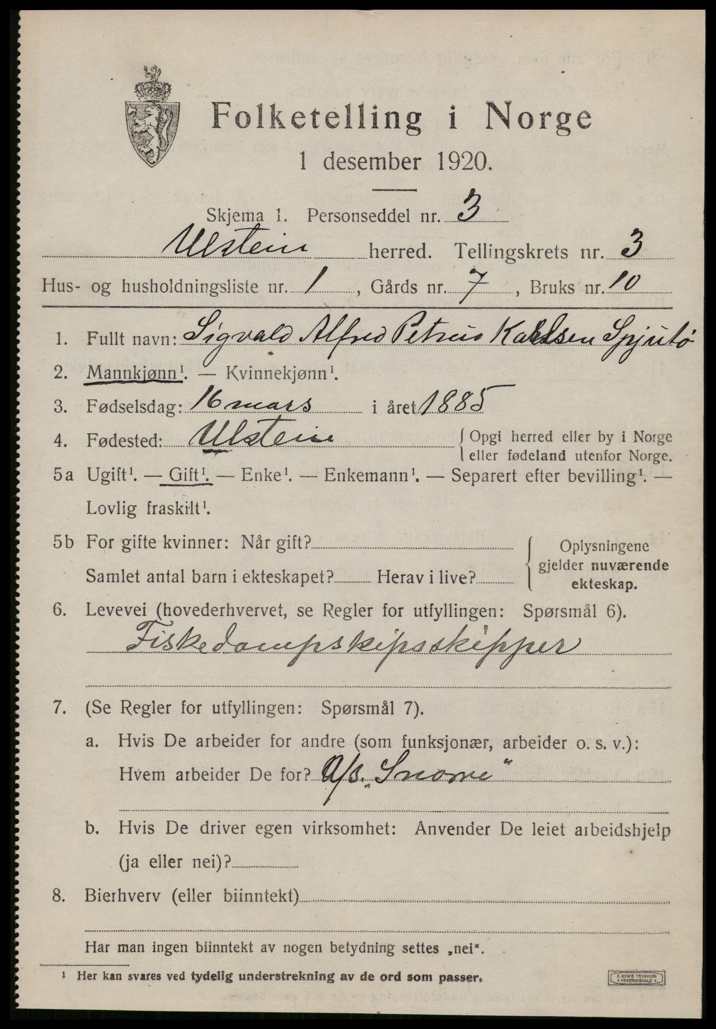 SAT, 1920 census for Ulstein, 1920, p. 1628