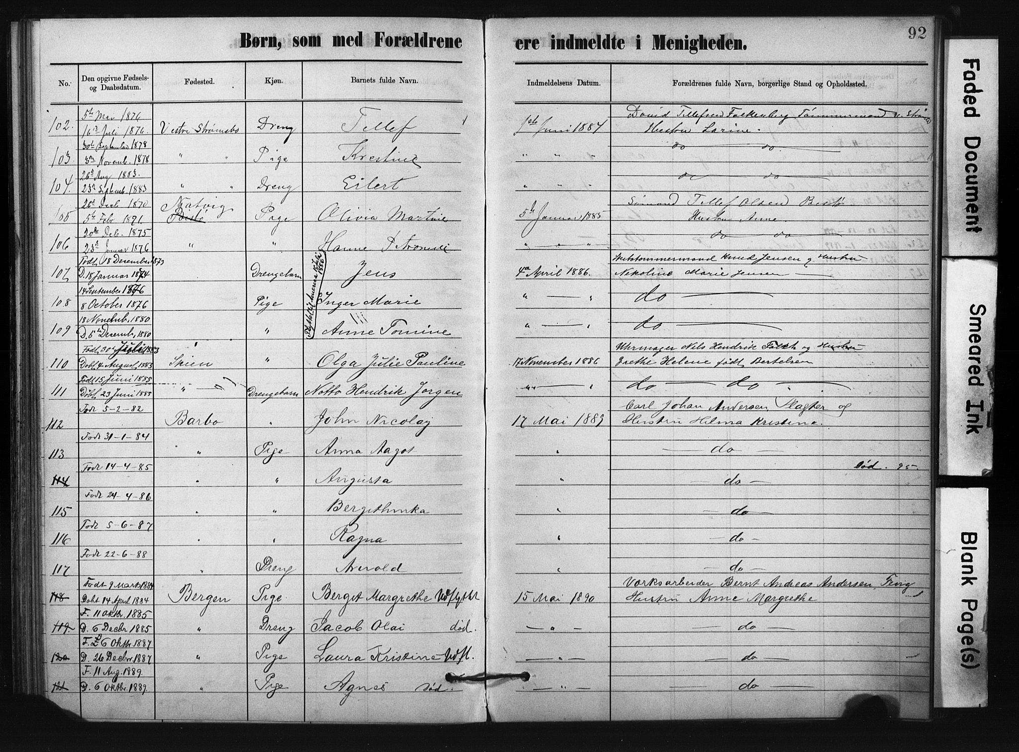 Metodistmenigheten, Arendal, AV/SAK-1292-0011/F/Fa/L0004: Dissenter register no. F-4, 1883-1892, p. 92