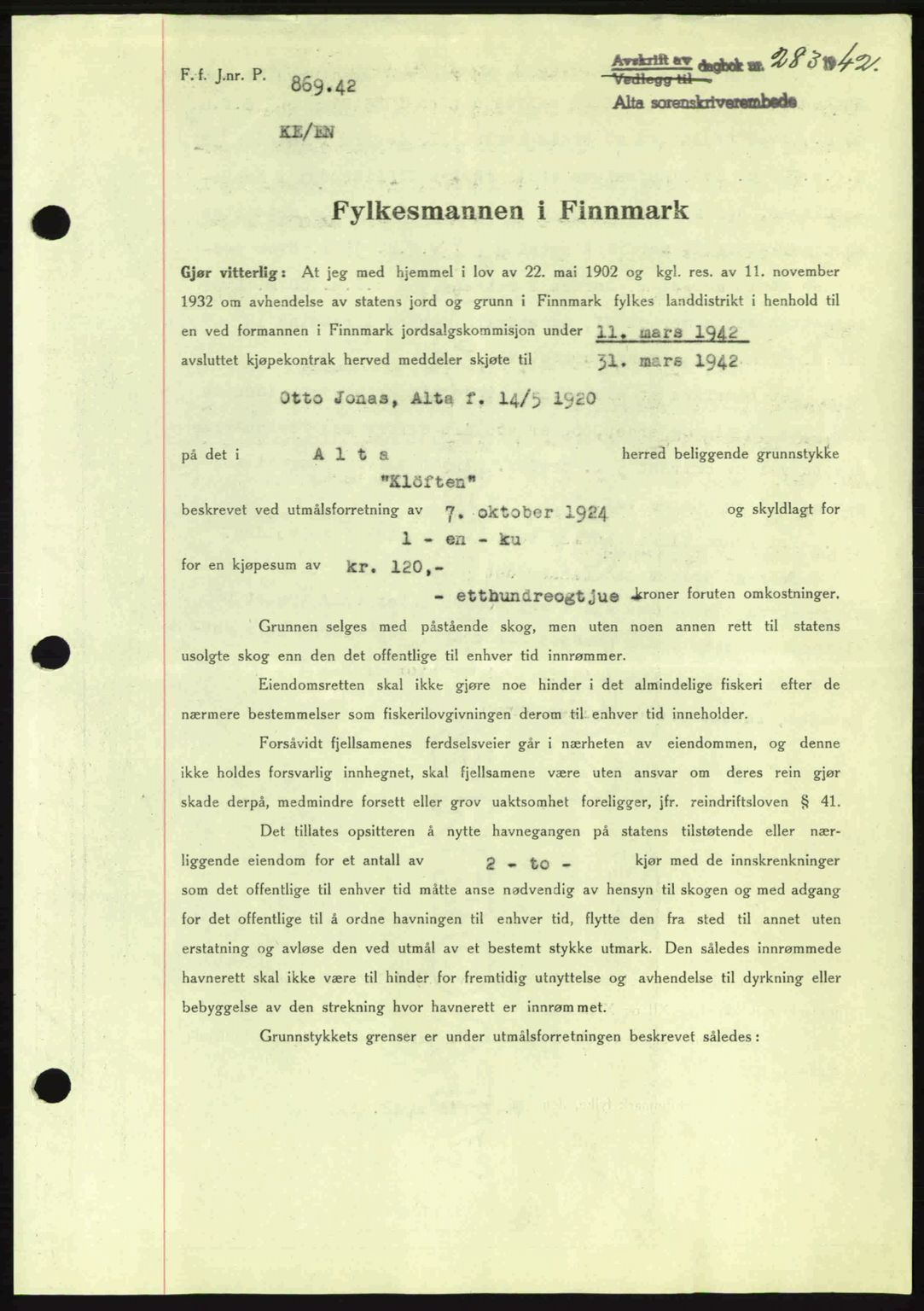 Alta fogderi/sorenskriveri, SATØ/SATØ-5/1/K/Kd/L0033pantebok: Mortgage book no. 33, 1940-1943, Diary no: : 283/1942