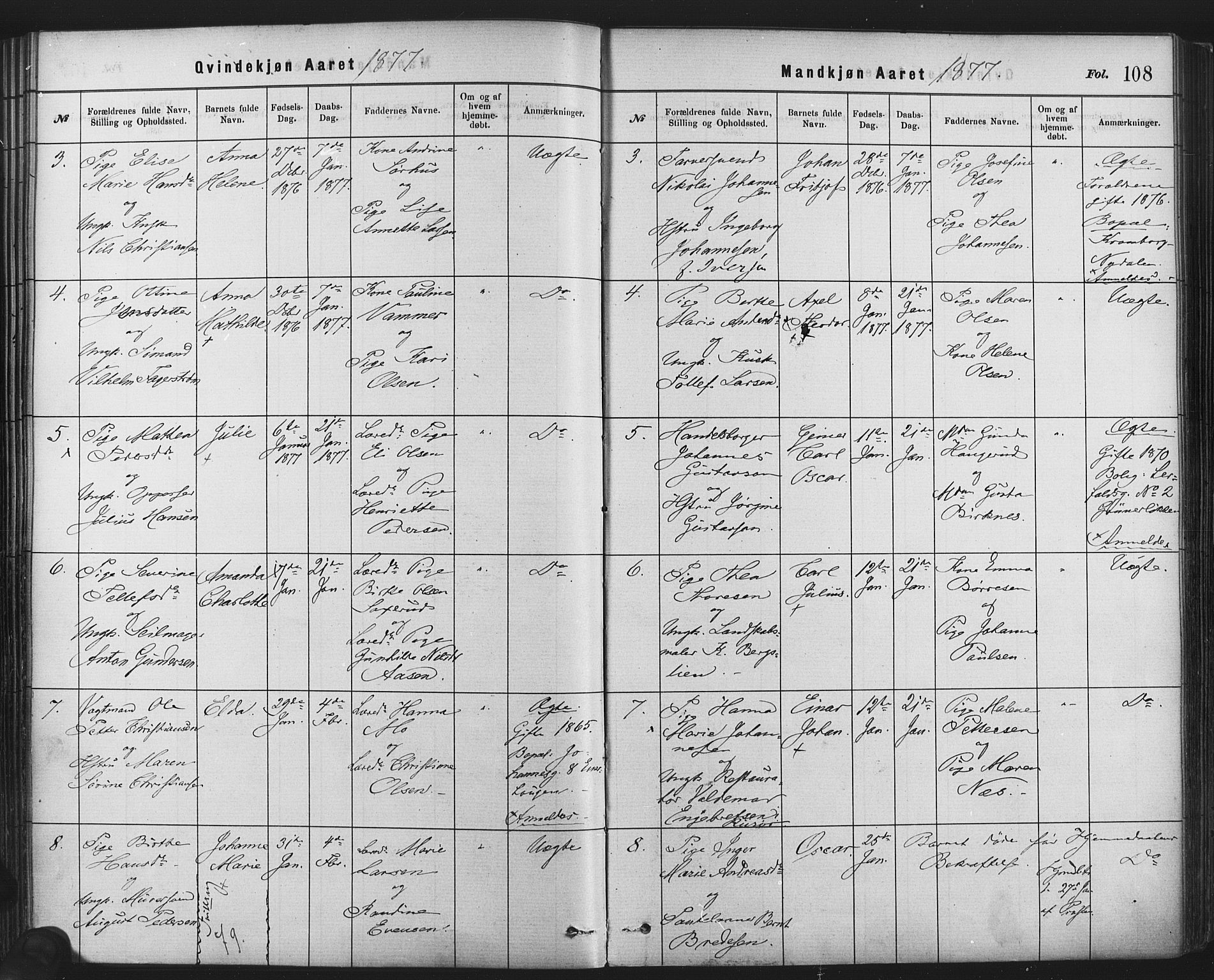 Rikshospitalet prestekontor Kirkebøker, AV/SAO-A-10309b/F/L0006: Parish register (official) no. 6, 1871-1885, p. 108